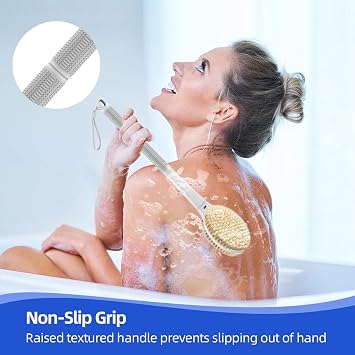 MOXYOY Back Scrubber,Body Shower Brush with 44cm Long Handle, Double-Sided Exfoliating Back Brush with Stiff and Soft Bristles for Women, Men, Elderly (Grey)