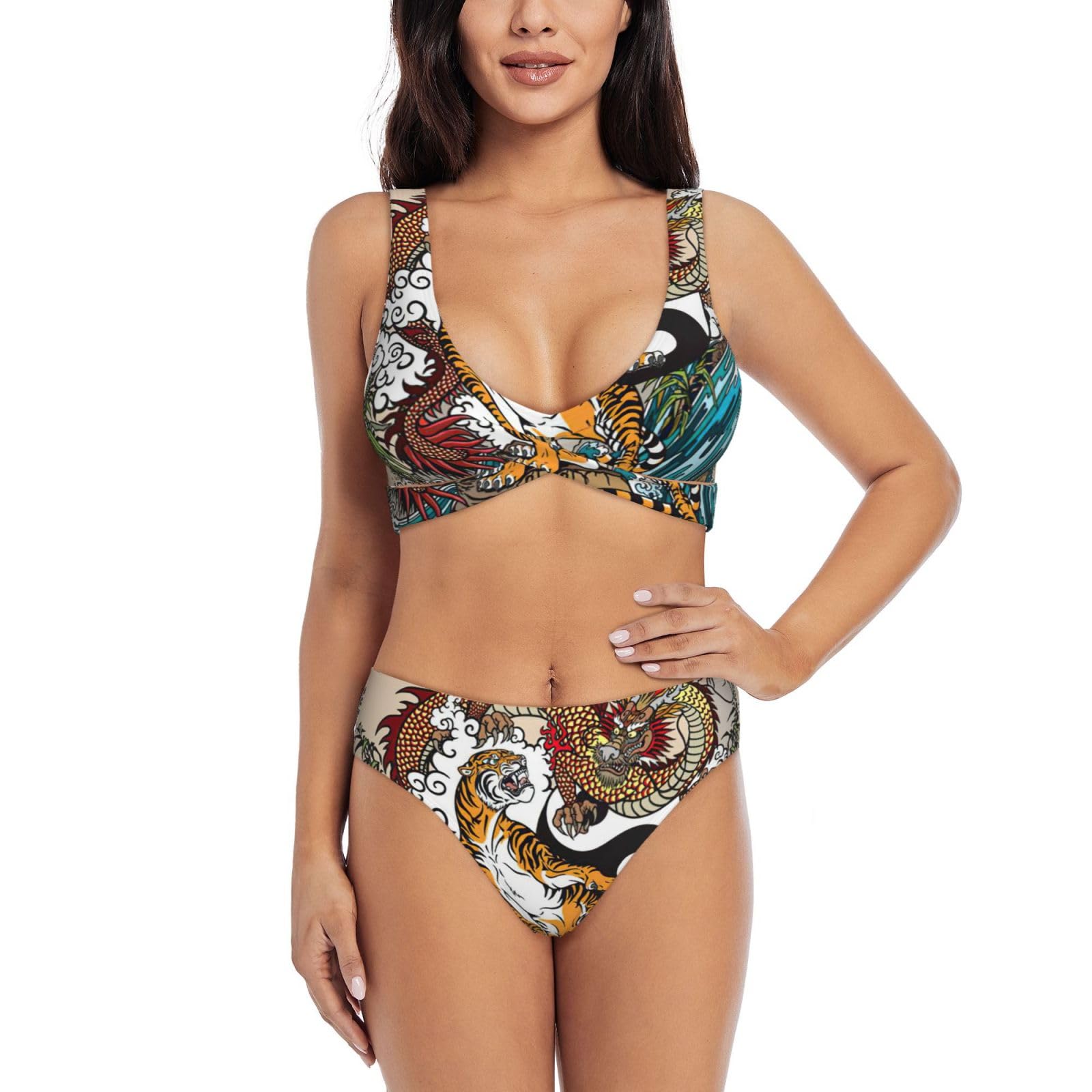 JEJEA Traje de baño deportivo de dos piezas con estampado de dragón y tigre para mujer, bikini de cintura alta