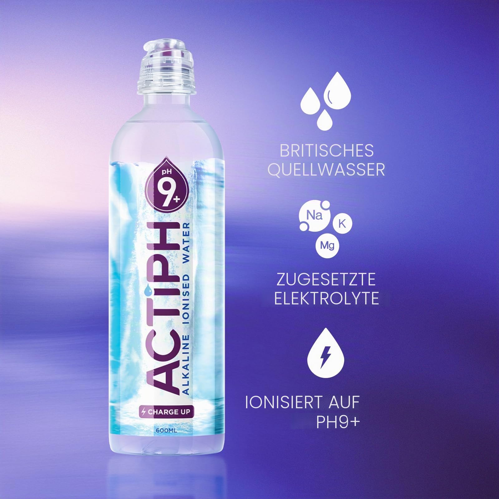 ACTIPH Ionisiertes Alkalisches Quellwasser pH 9+ Gereinigt mit Elektrolyten – Rein und Sanft - 24 x 600ml PET-Flaschen