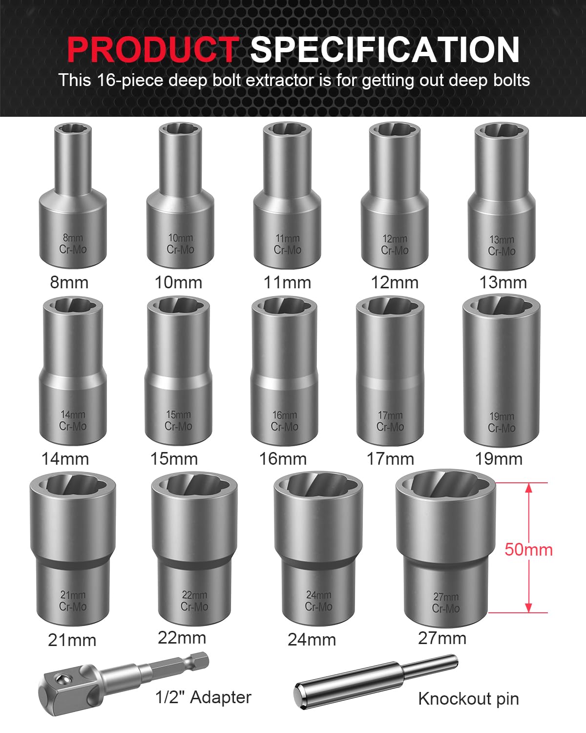 Kolvoii Bolt Extractor Kit, 16-Piece Lug Nut Removal Tool, 1/2" Drive Impact Bolt Extractor Socket Set, Wheel Lock Removal Kit for Damaged, Frozen, Rusted, Rounded-Off Bolts and Nuts, 35# CR-MO Steel