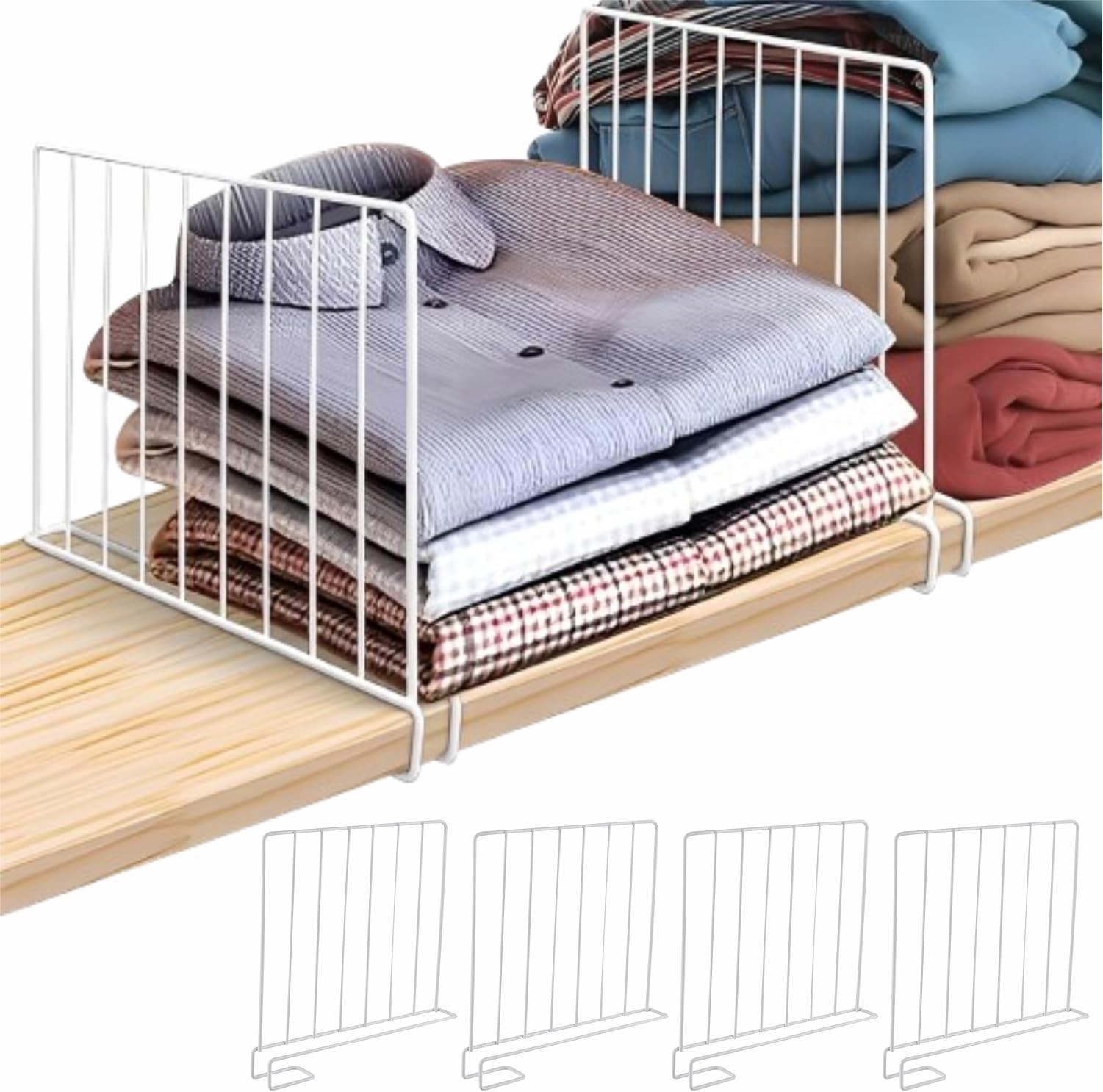 JD FRESH 4-Piece Shelf Divider Set/Metal Wardrobe Separator for Clothes/Books & Pantry Storage/Partition for Shelves/Closet & Cupboard Organizer for Home & Office (White)