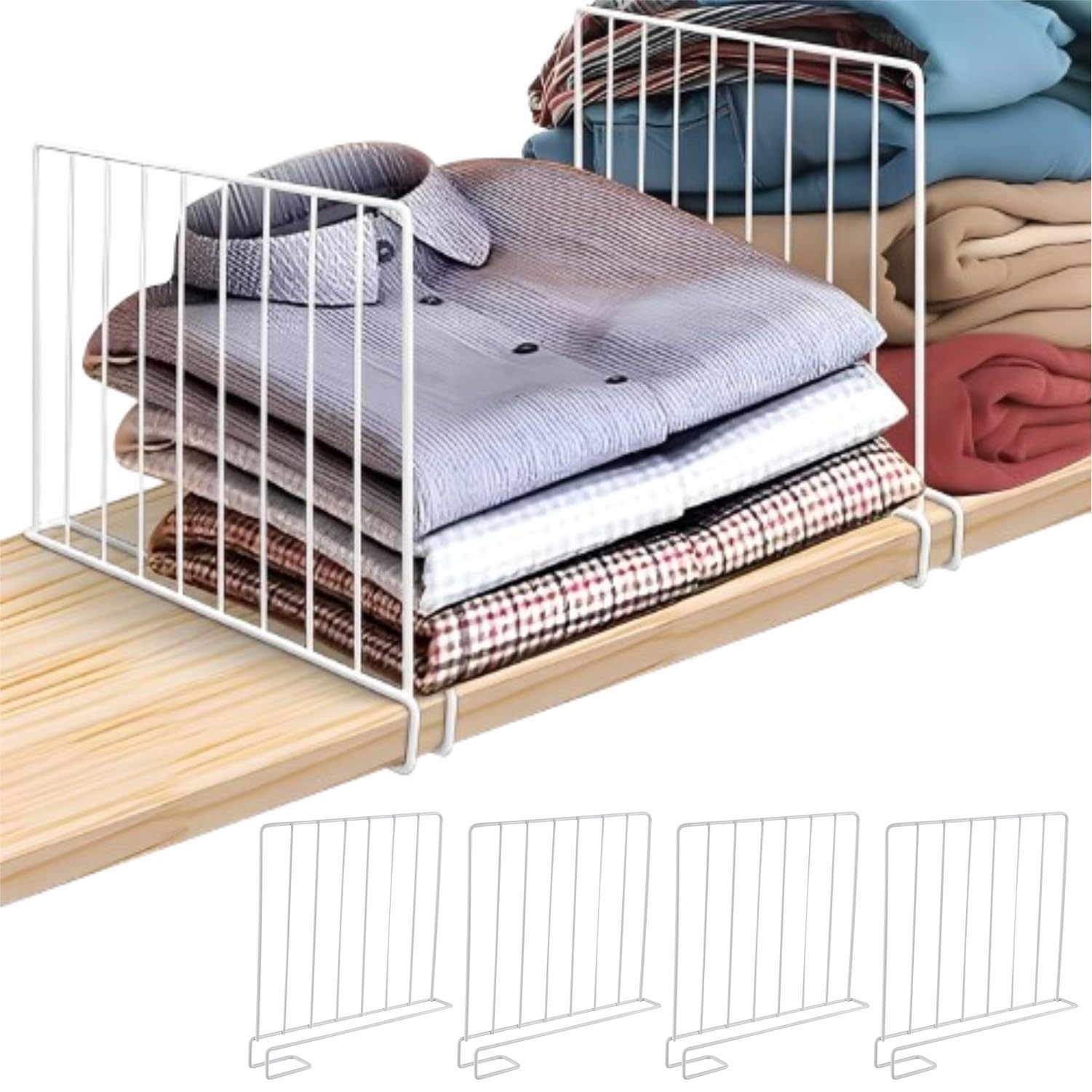 JD FRESH 4-Piece Shelf Divider Set/Metal Wardrobe Separator for Clothes/Books & Pantry Storage/Partition for Shelves/Closet & Cupboard Organizer for Home & Office (White)
