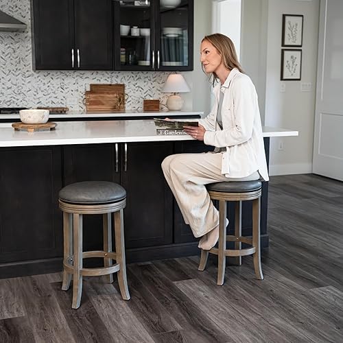 Miniatura 8 de Maven Lane Eva 26 Inch Tall Counter Height Rotating Backless Barstool in Walnut Finish with Marksman Saddle Vegan Leather Upholstered Seat, Set of 2