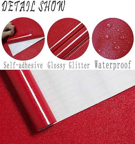 Miniatura 2 de Papel de contacto rojo brillante de 15.8 x 197 pulgadas para encimera, papel adhesivo rojo con purpurina, papel adhesivo autoadhesivo impermeable,