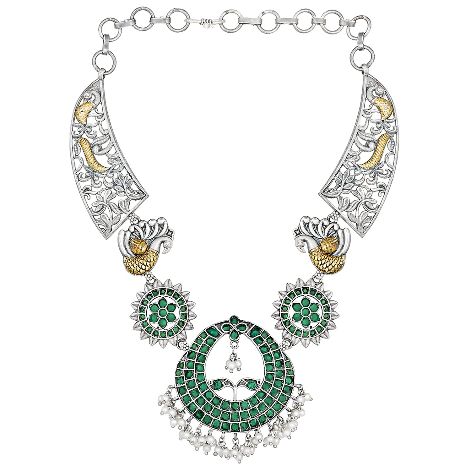 Aheli Collana girocollo tradizionale placcata argento con orecchini etnici ossidati set regalo per le donne