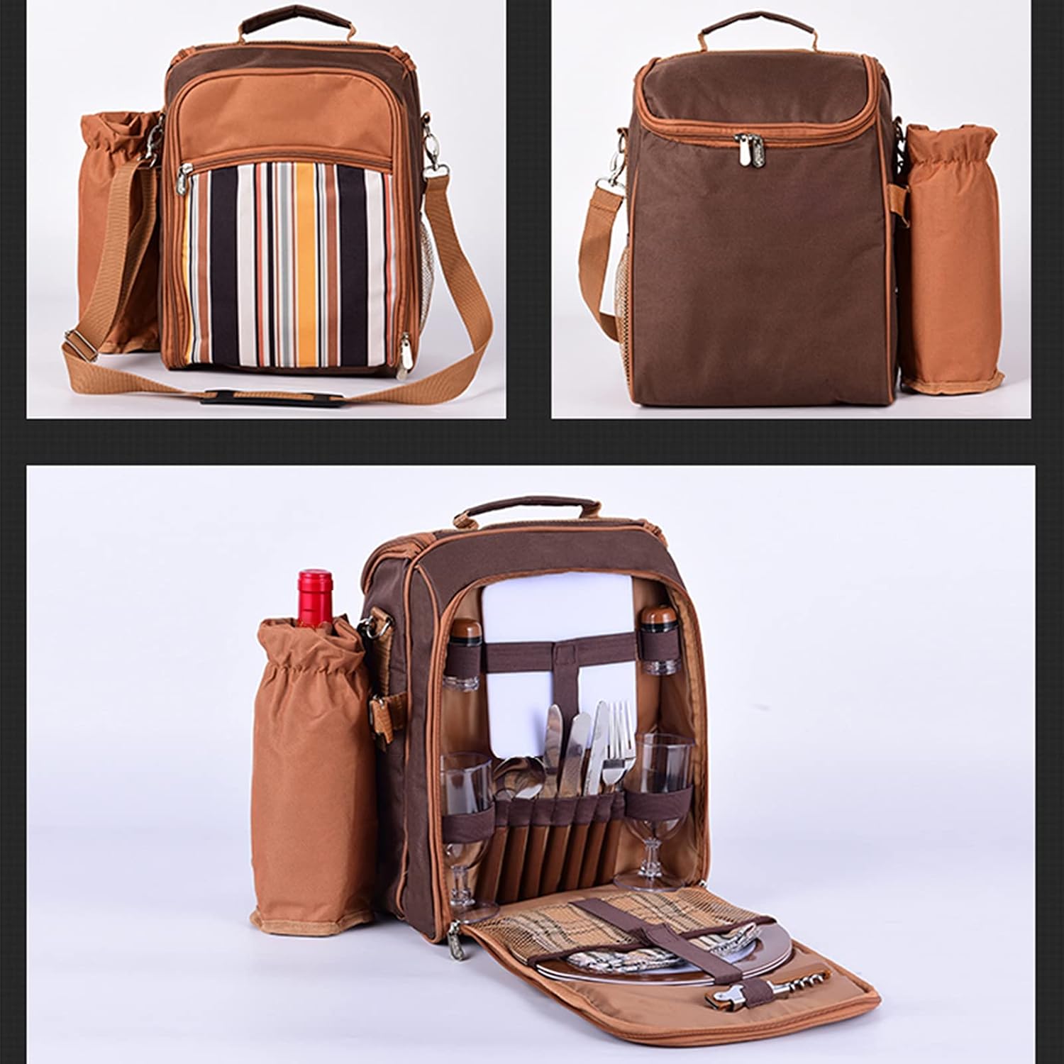 Picnic Bag Kit- Camping Shoulder Bag Set for 2 People with Cooler Compartment Detachable Bottle Holder Plates and Flatware Cutlery for Family Brown