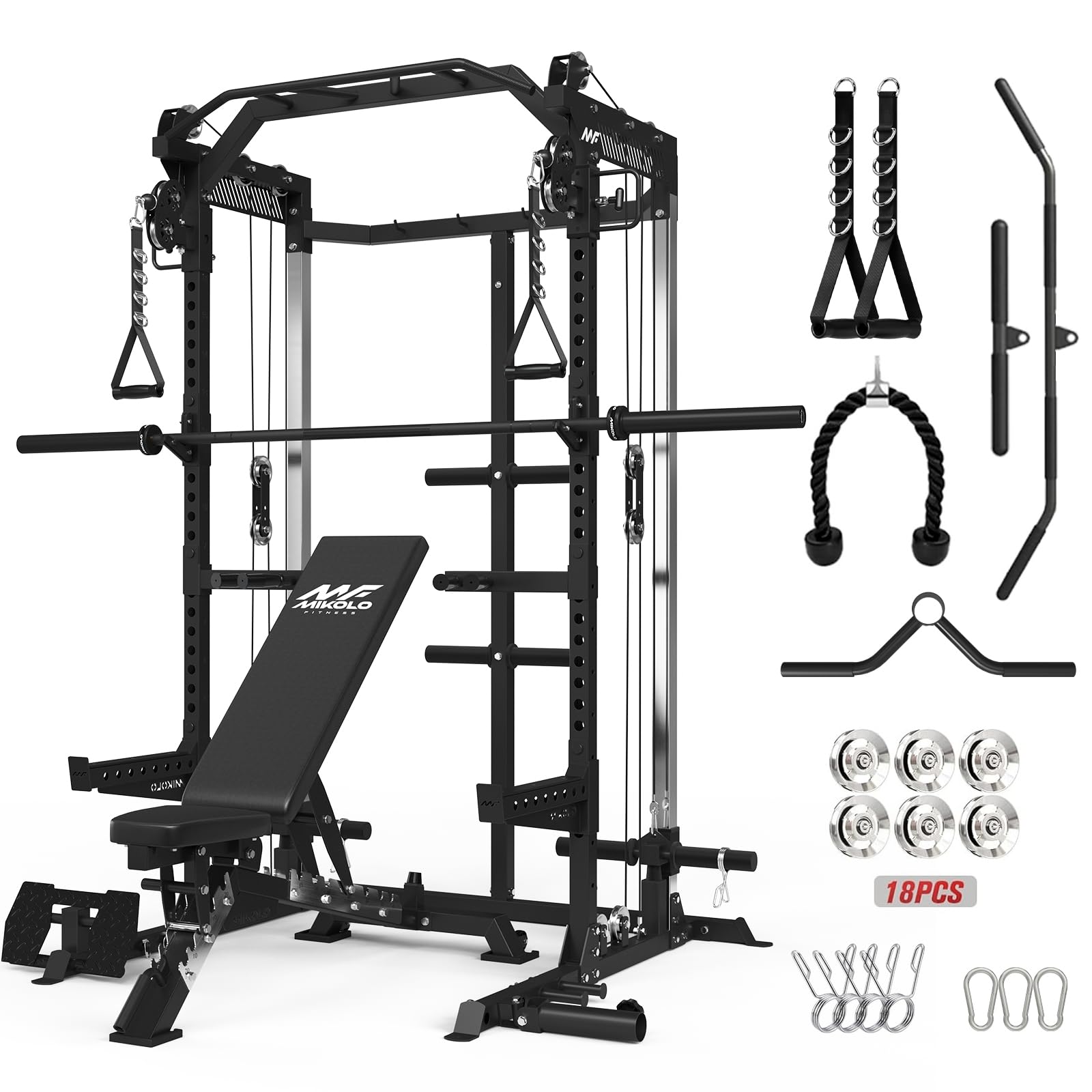Mikolo HR06 Power Cage with Aluminum Pulleys, 2000LB Power Rack with Independent Dual Pulley System, Multi-Function Home Gym Workout Machine for Cable Crossover