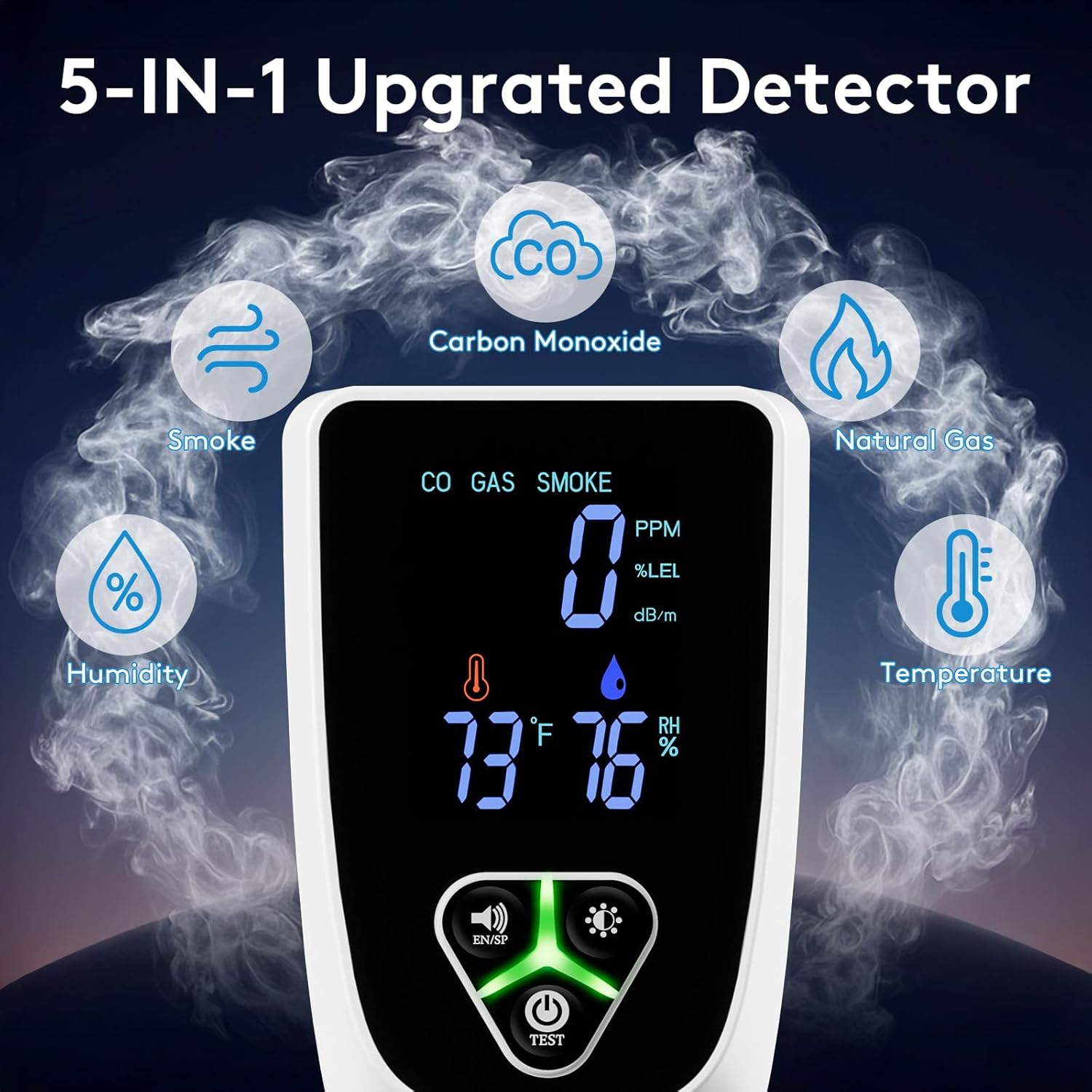 5-in-1 Carbon Monoxide Detectors Plug in, Smoke Alarm & Natural Gas Leak Detector with Temperature & Humidity Sensor, Portable CO Detector with LCD Display Sound & Light Alert for Home Travel - Image 2