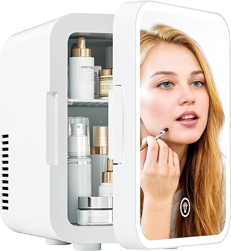 Miniatura 12 de EUHOMY Mini nevera, refrigerador pequeño de 5 litros AC/DC con espejo LED regulable, enfriador portátil y calentador para el cuidado de la piel,