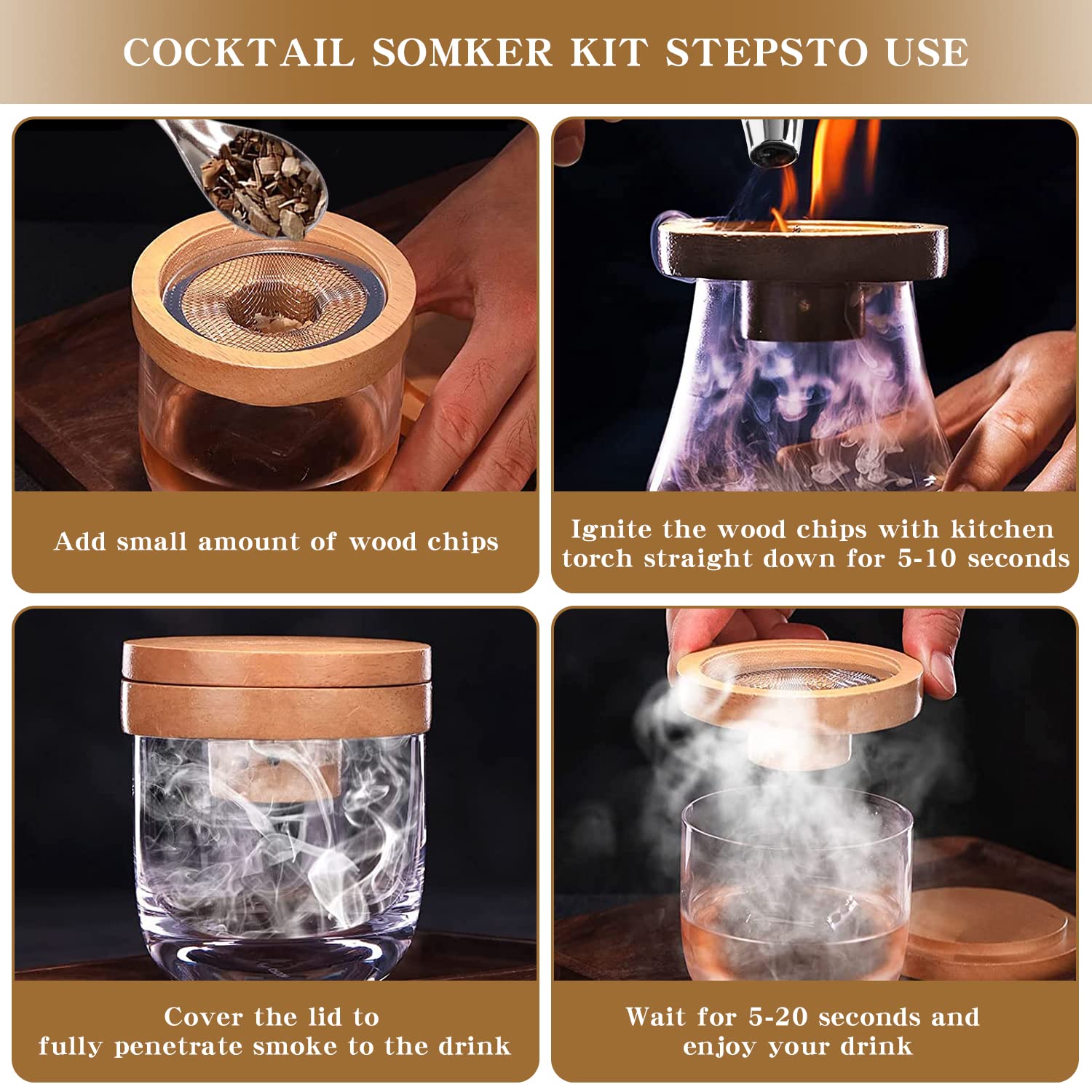 Kit fumatore cocktail, 4 pezzi trucioli di legno per whisky BBQ carne Bourbon, vecchio stile cocktail kit