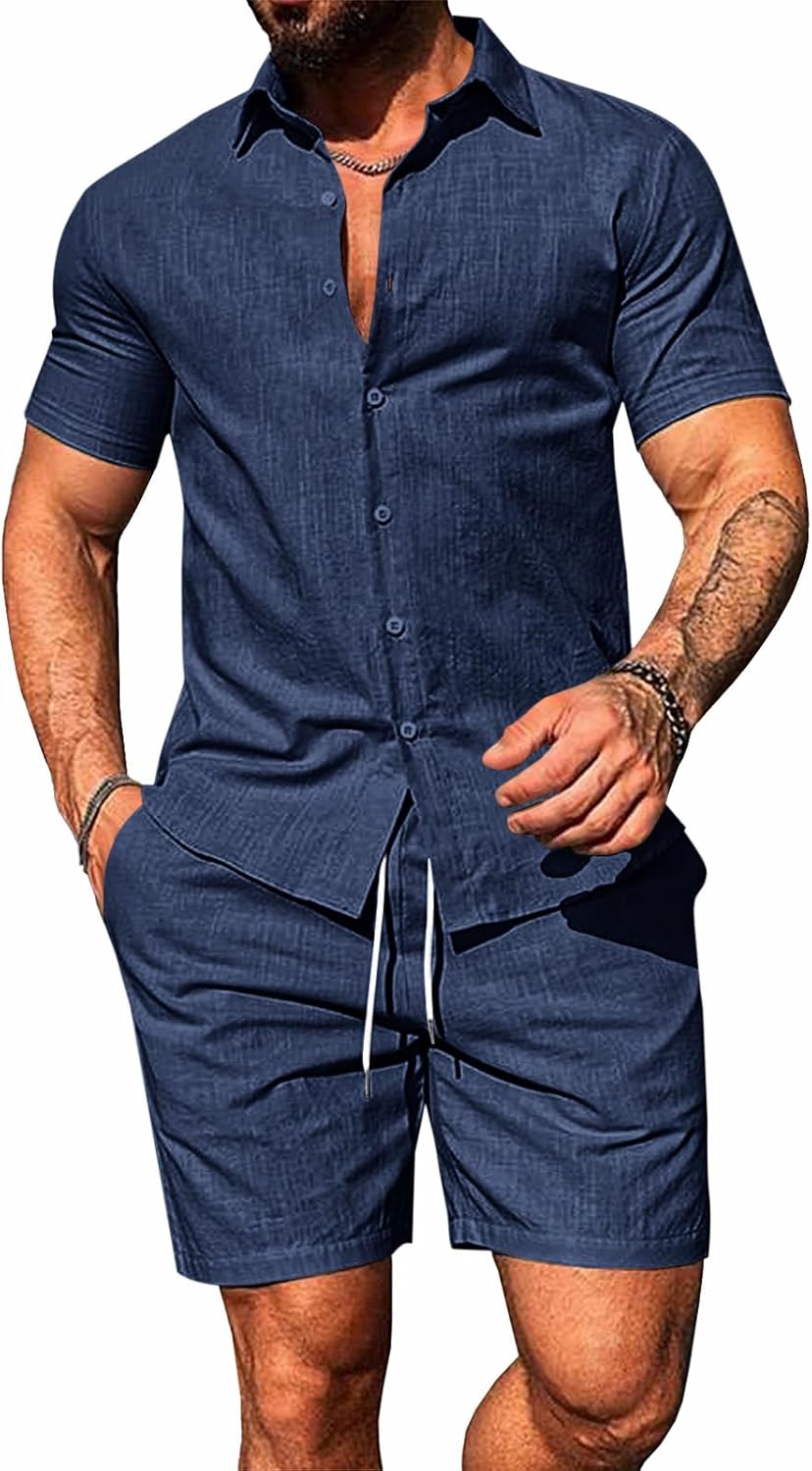 Runcati Mens Summer Beach Outfits 2 Piece Short Sleeve Sets Button Down Linen Cotton Shirts and Shorts Casual Vacation Set