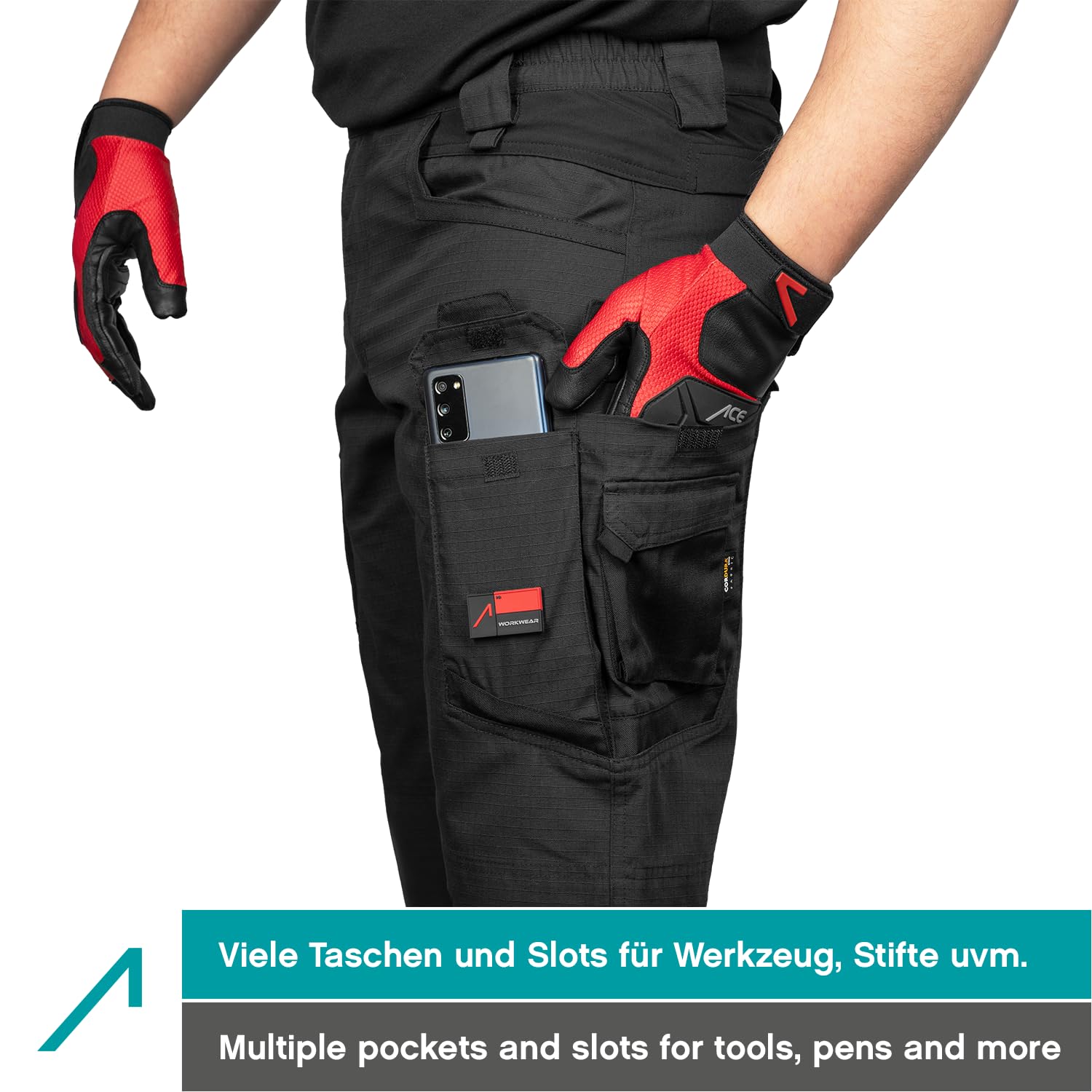 ACE Constructor Pantaloni da Lavoro Lunghi da Uomo - Pantaloni da Lavoro da Uomo con Vita Elasticizzata, Tasche Cargo e Ginocchiere