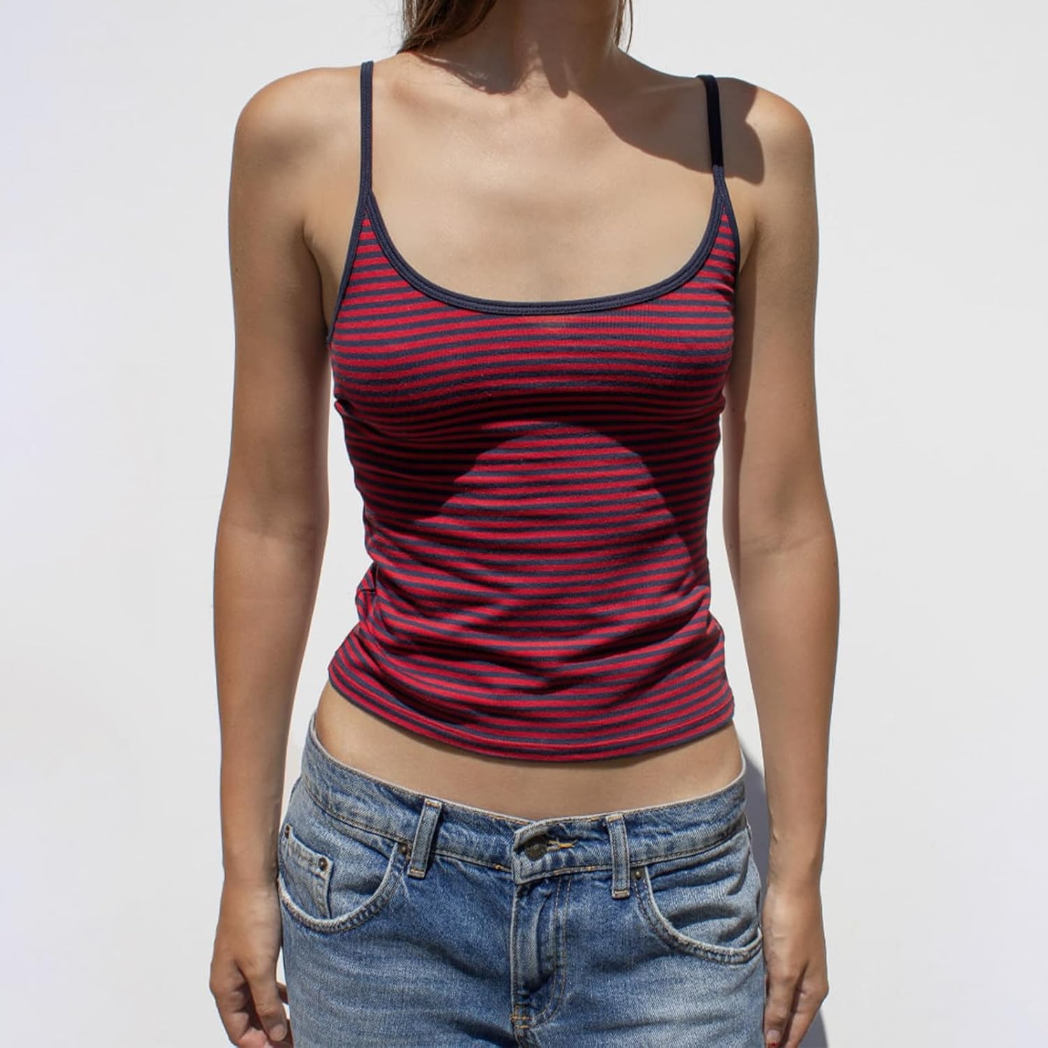 Women Y2K Stripe Print Camisole Preppy Spaghetti Strap Scoop Neck Tank Tops Aesthetic Sleeveless Crop Tops - Image 2