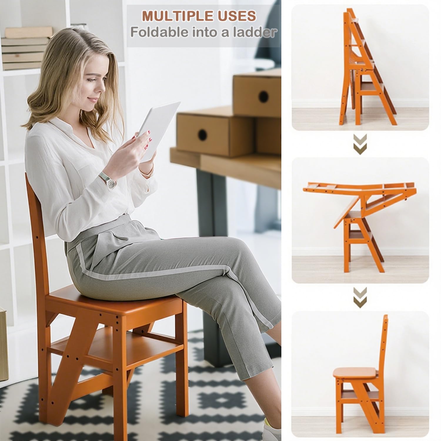 Sgabello a Scala Pieghevole 3-in-1 in Legno Massello, Sgabello Convertibile e Supporto Espositivo, Scala Multi-funzionale a 4 Ripiani, per Casa, Cucina, Biblioteca, Capacità 150kg (Marrone)