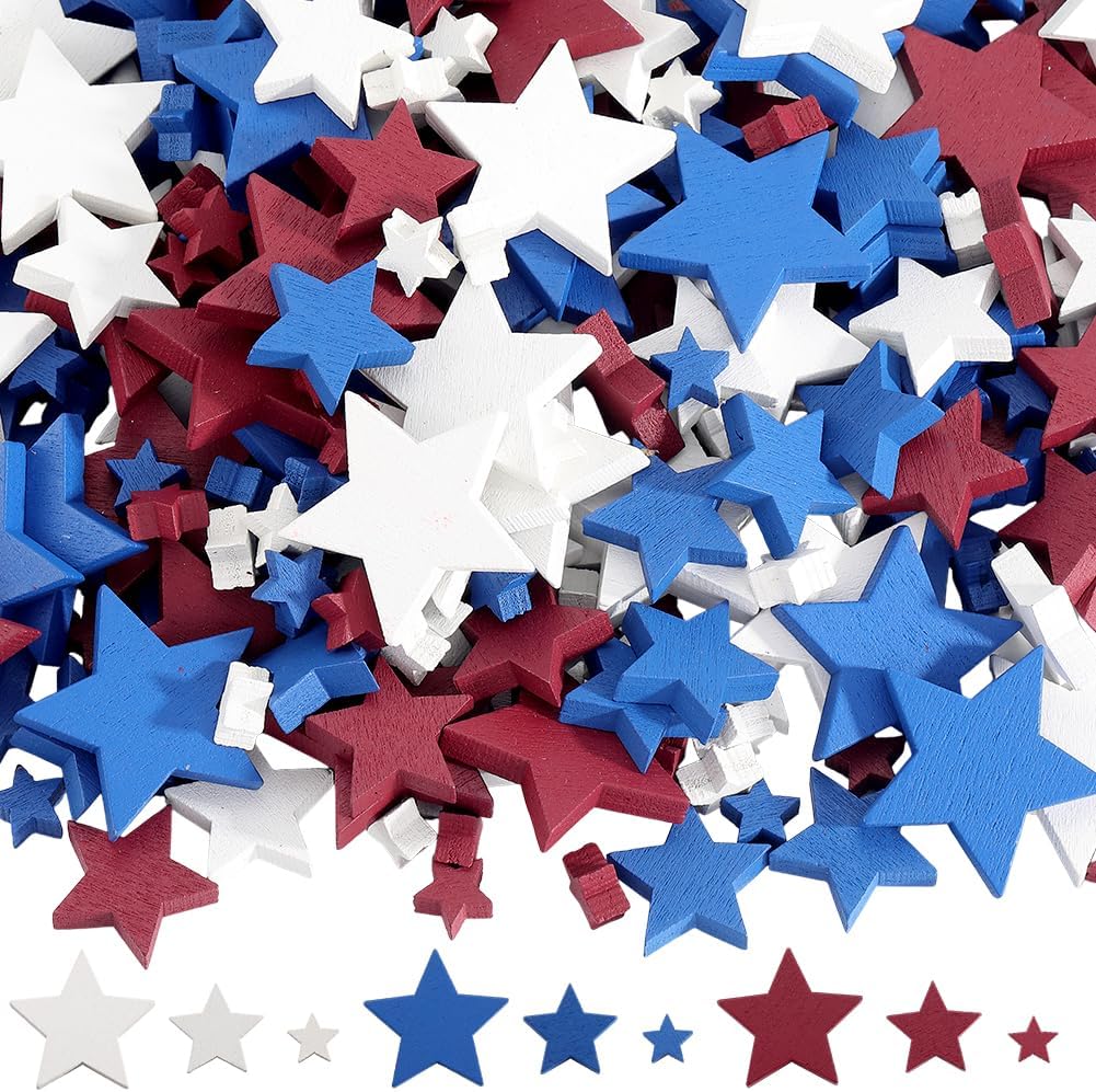 240Pcs 3 Colors 4th of July Wood Stars Memorial Day Wooden Crafts Mini Patriotic Independence Day Veteran Day Festival Holiday Display Ornaments Wood Star for Crafts Home Office Desk Decor