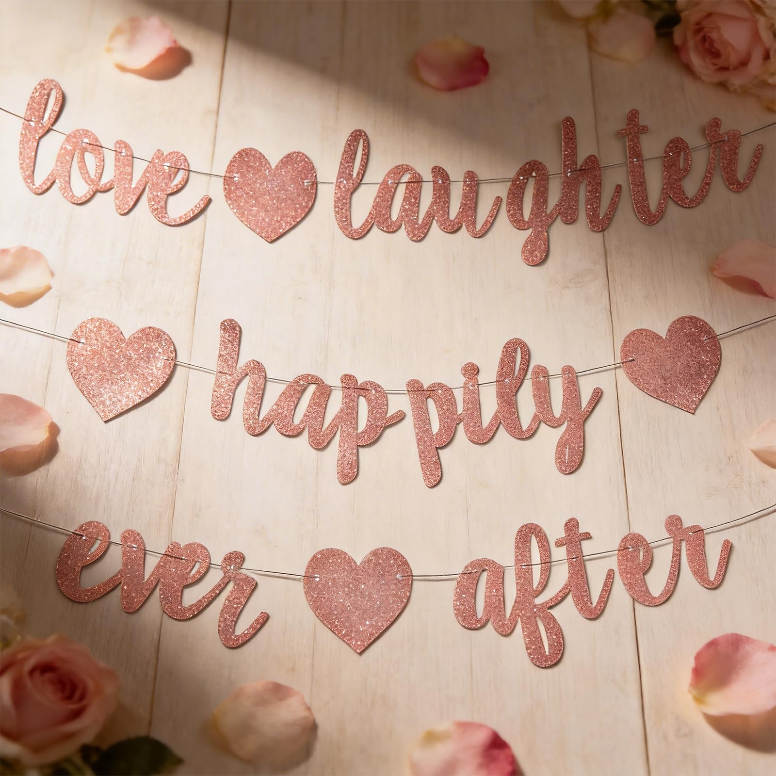 Romantic Glitter Heart Banner - Love Laughter Happily Ever After Party Decorations for Wedding, Anniversary - Reusable Celebration Banner with Easy Hanging Design