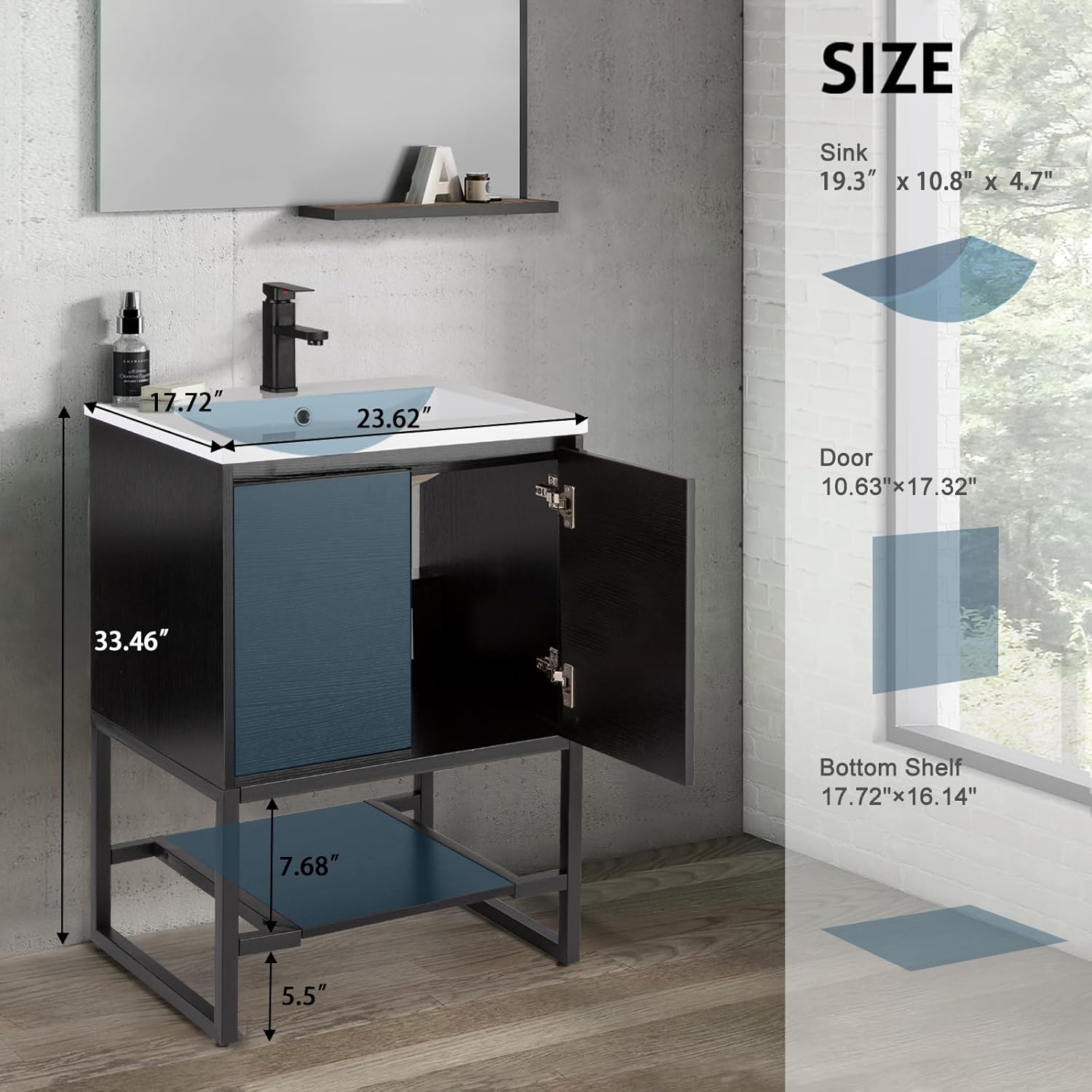 LUCKWIND 24" Bathroom Vanity with Sink Combo, Bathroom Storage Cabinet with Metal Frame, Matte Black Faucet, 1-Tier Open Shelf and 2 Soft-Closing Door, Black