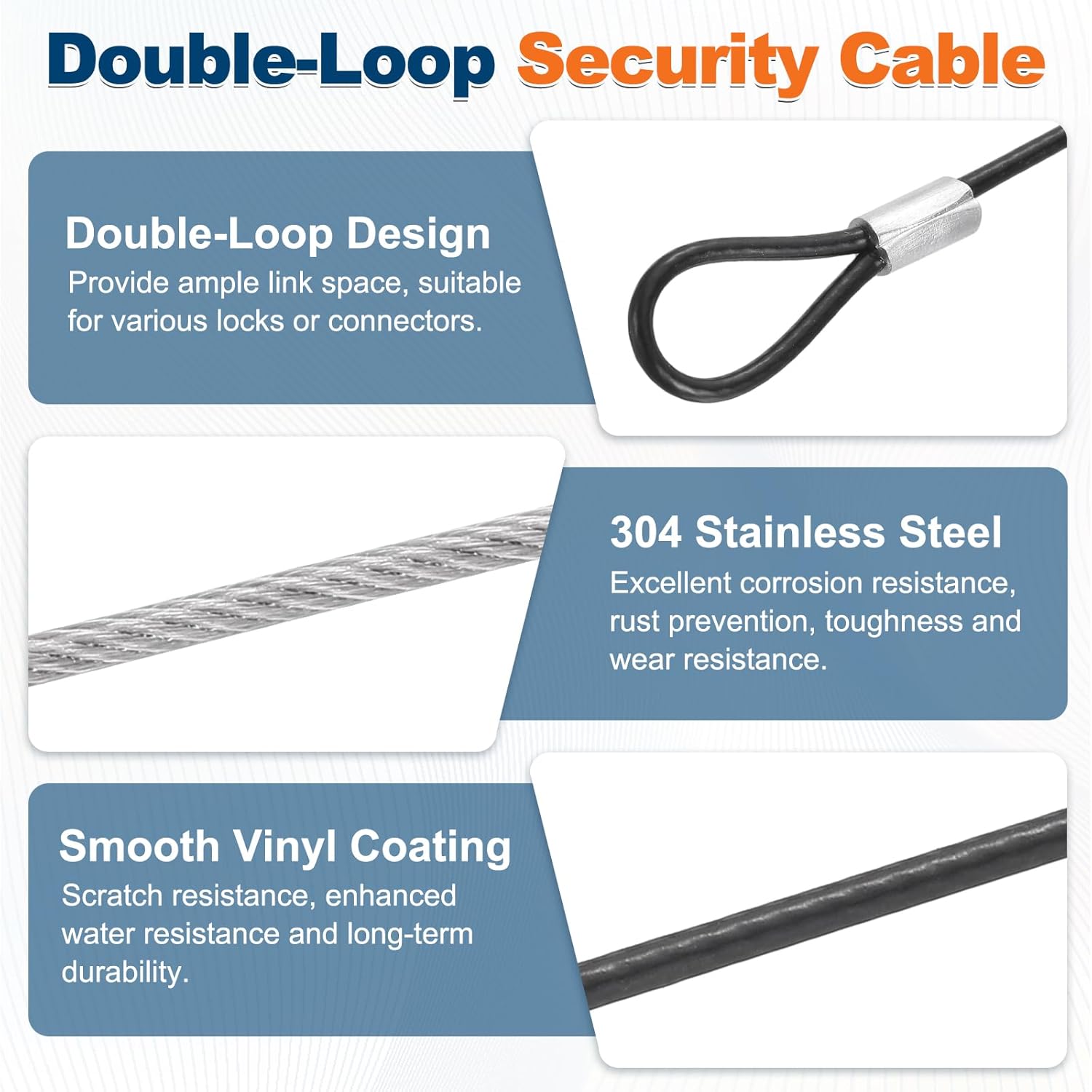 5 Set Double Loop Security Cable Lock (6.56 ft X0.08'') + Keychain Cable, Black