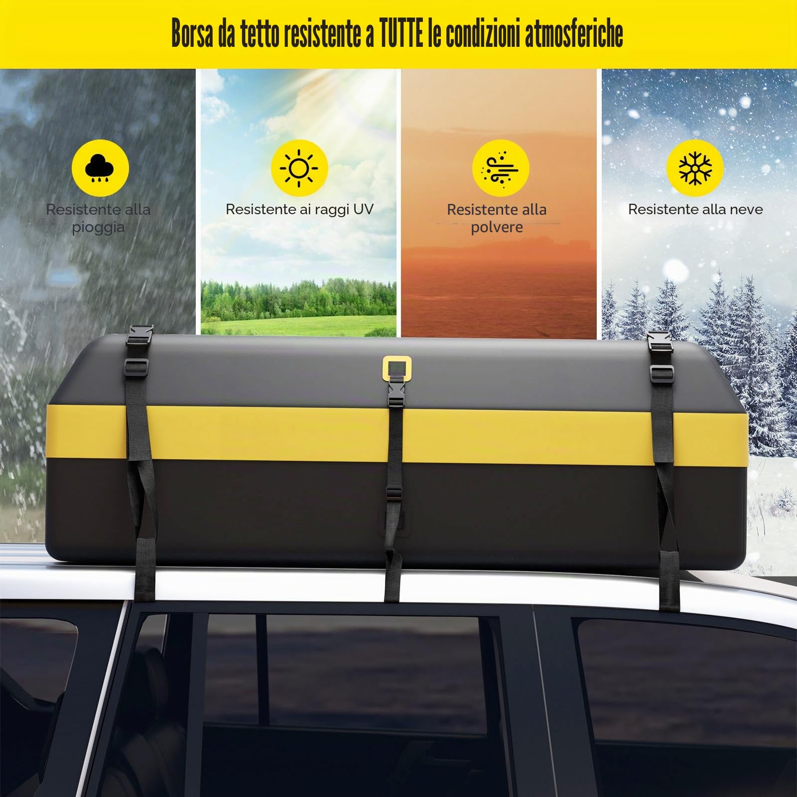 SOARS Box Tetto Auto 600 Litri, Portapacchi Auto Tetto 100 X 130 X 44 CM, Impermeabile con Tappetino Antiscivolo e Borsa per il Trasporto, Porta Bagagli Universale per Auto, SUV (Nero+Giallo-600L)