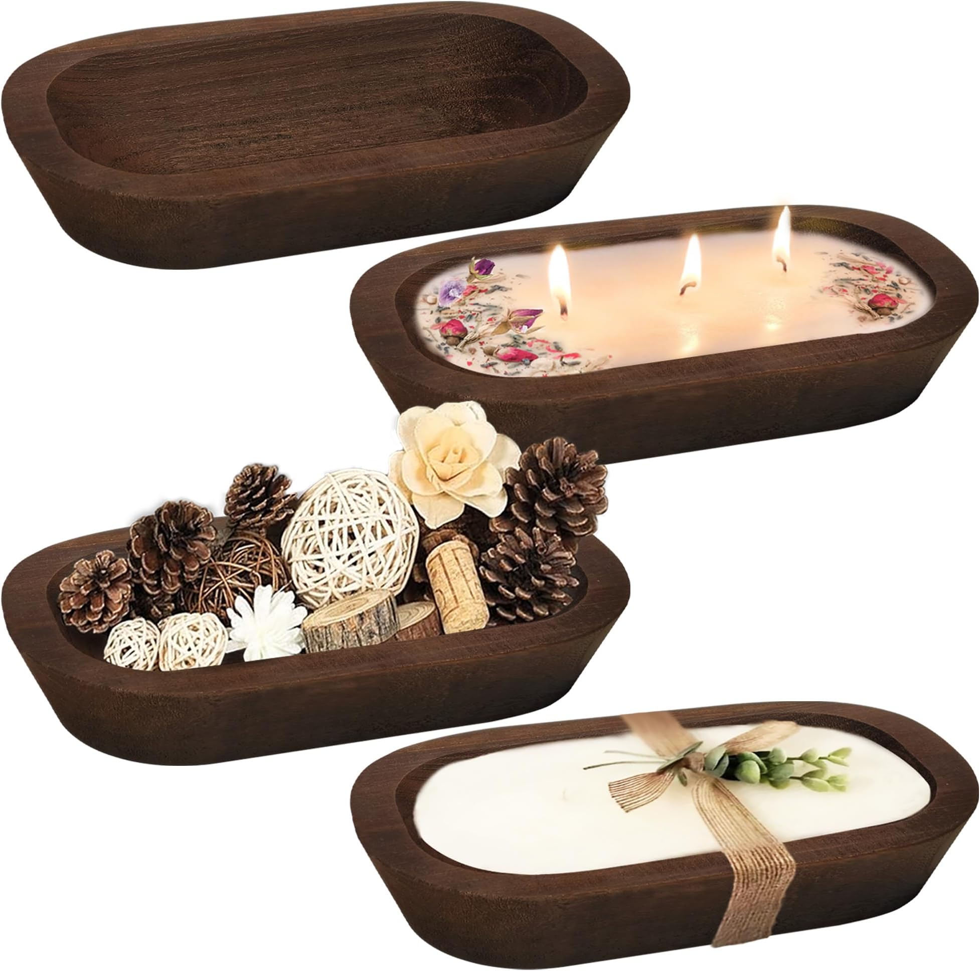 Royxen 4 Pack Dough Bowl for Candle, Wooden Dough Bowls Paulownia, Rustic Bowl Vintage, Bowls for Candle, 9.5 x 5.5 Inch, Brown