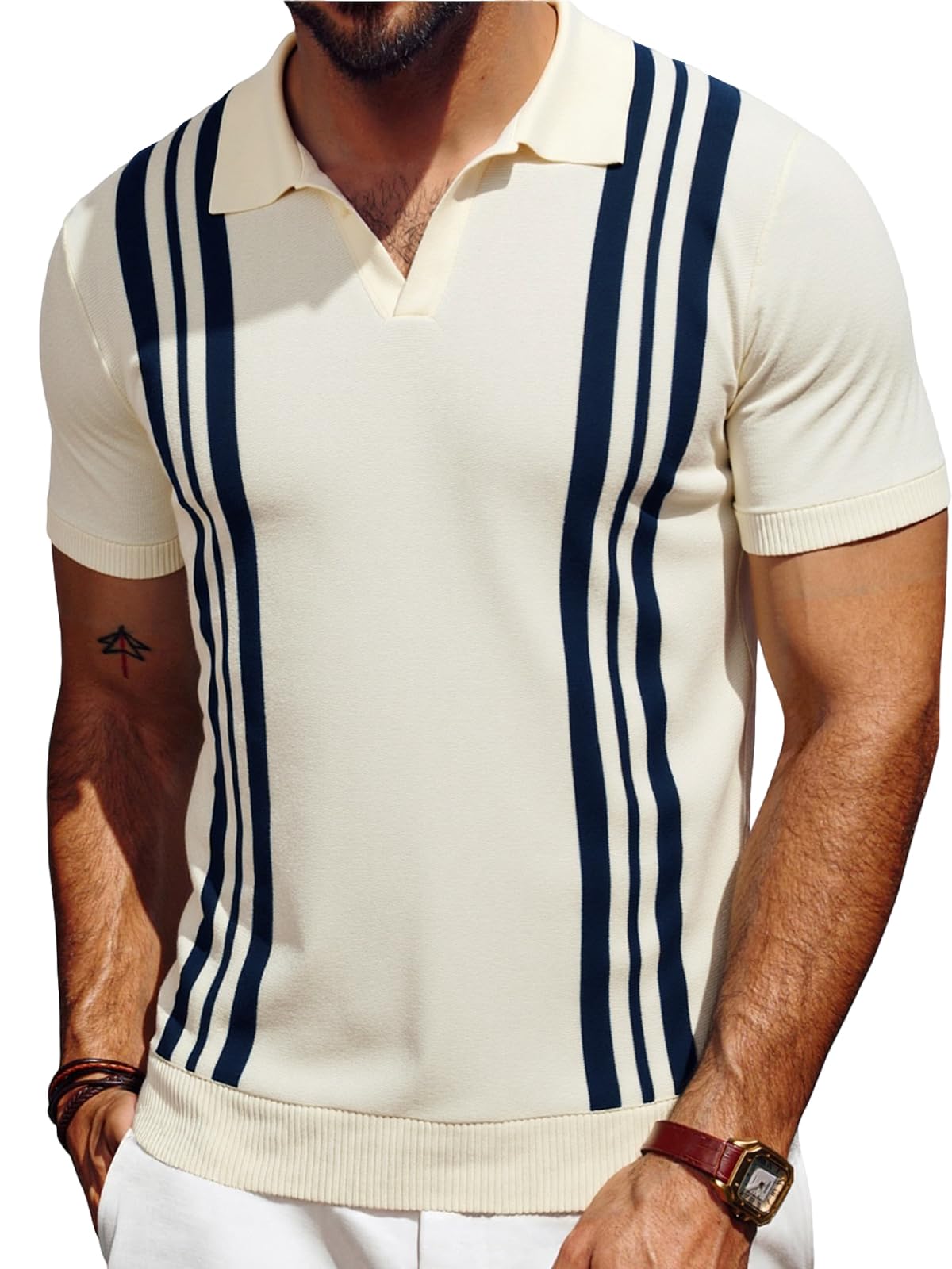 Les umes Herren Polohemd Vintage Streifen V Ausschnitt Kurza