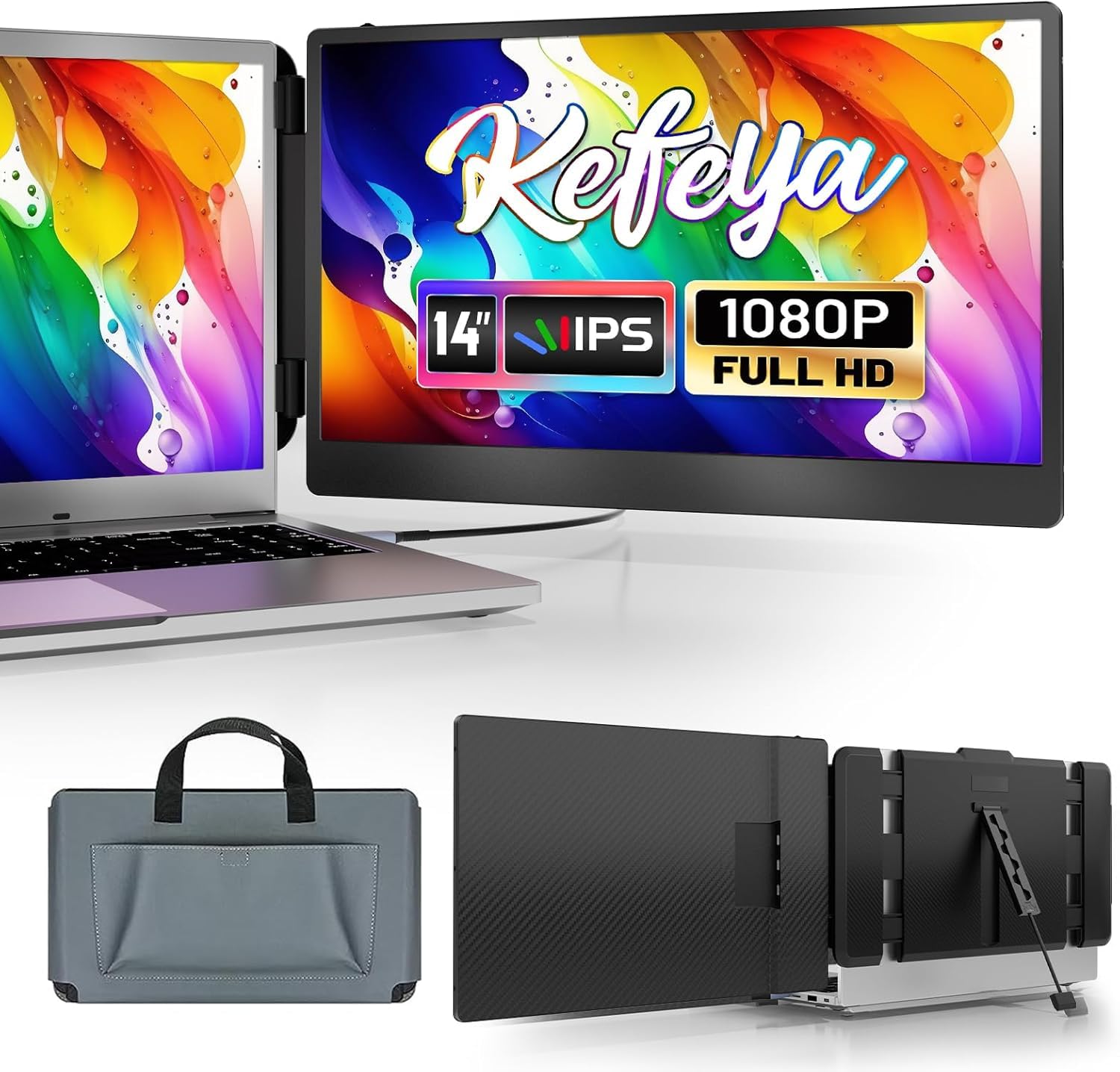 KEFEYA Portable Monitor, 14'' Laptop Bildschirm Erweiterung FHD IPS HDR 1080p Monitor mit Lautsprecher, für PC Windows MAC Android Chrome Linux PS5 Switch Xbox