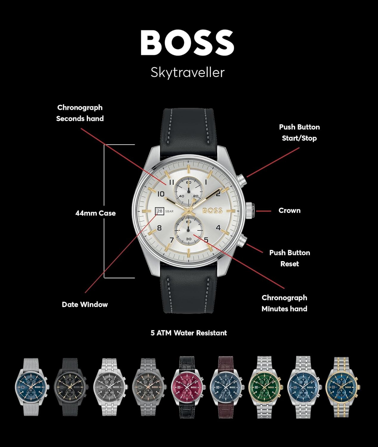 BOSS Skytraveller Men's 44mm Stainless Steel Chronograph Wristwatch - Water Resistant up to 5ATM/50 Meters, Sporty and Sophisticated - Image 4