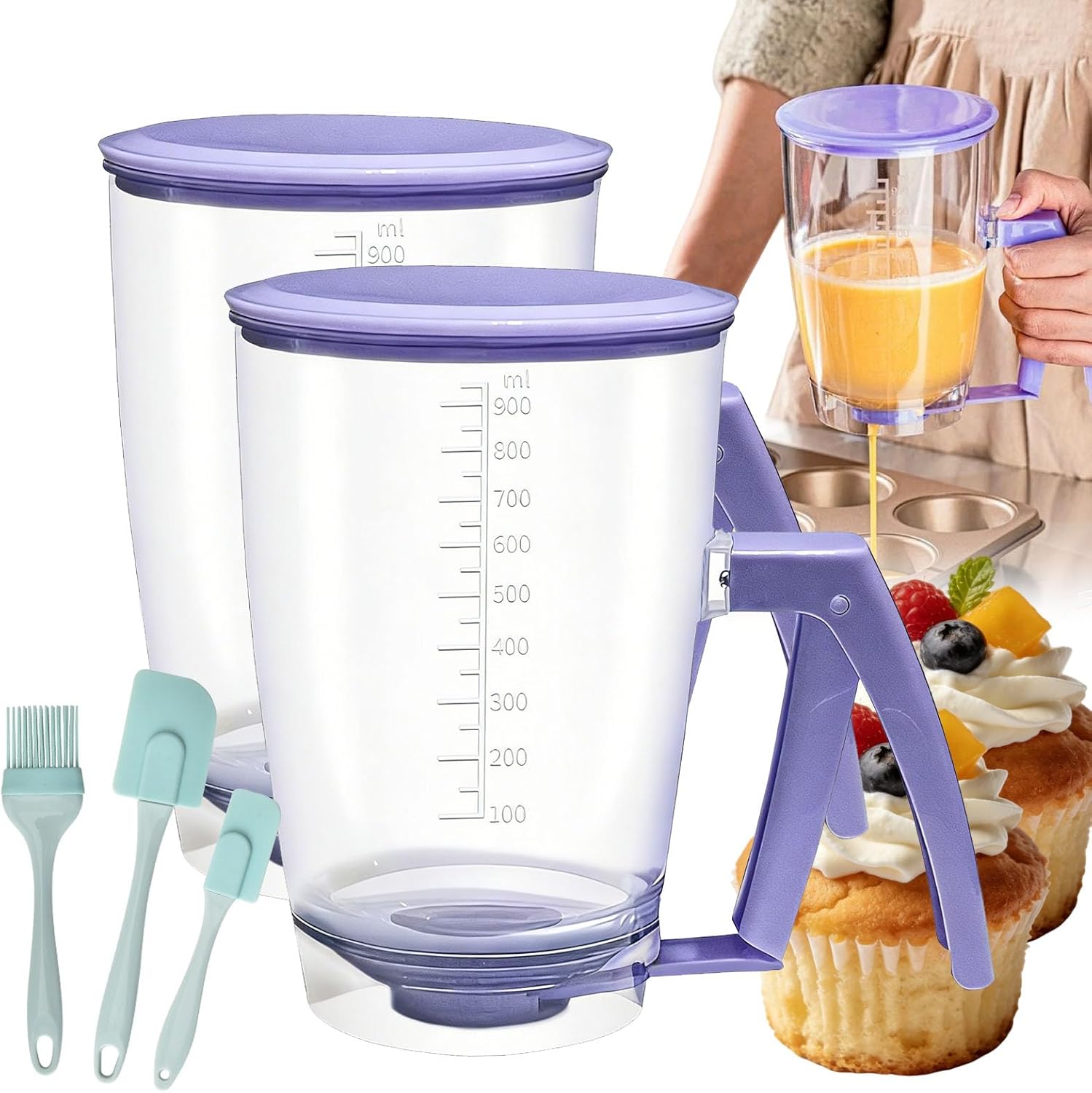 Pancake Batter Dispenser Bottle,32 Oz Batter Dispenser with Squeeze Handle for Cupcakes,Funnel Cake Batter Dispenser with Measurement Markings Silicone Brush Scraper for Waffles, Muffins (2PCS)