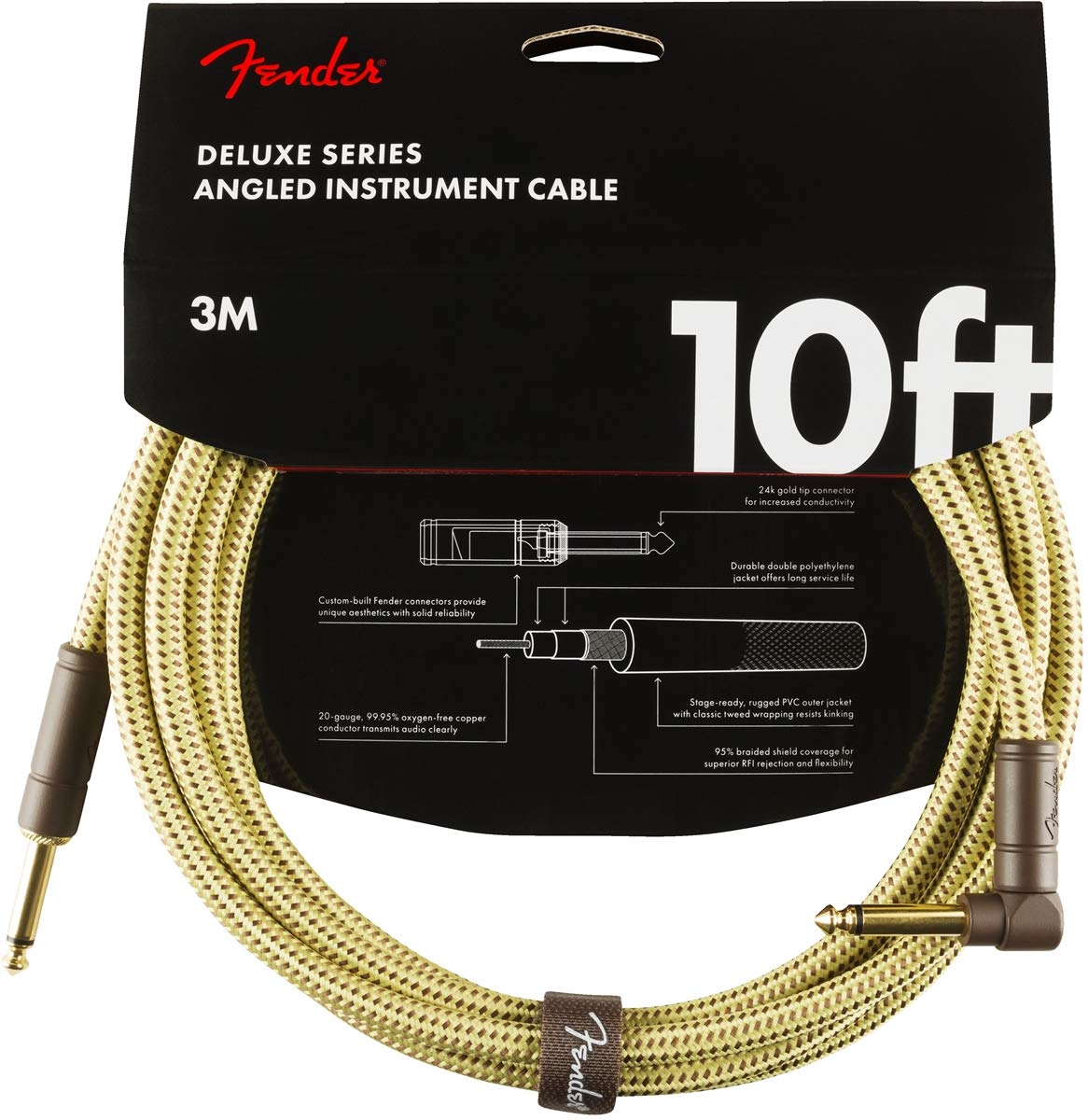 Deluxe Series Instrument Cable 10ft ,3m, Braided Shielding and 24K Gold Plated Connectors for Lossless, Pure Sound, Straight,Angled Jack, Tweed