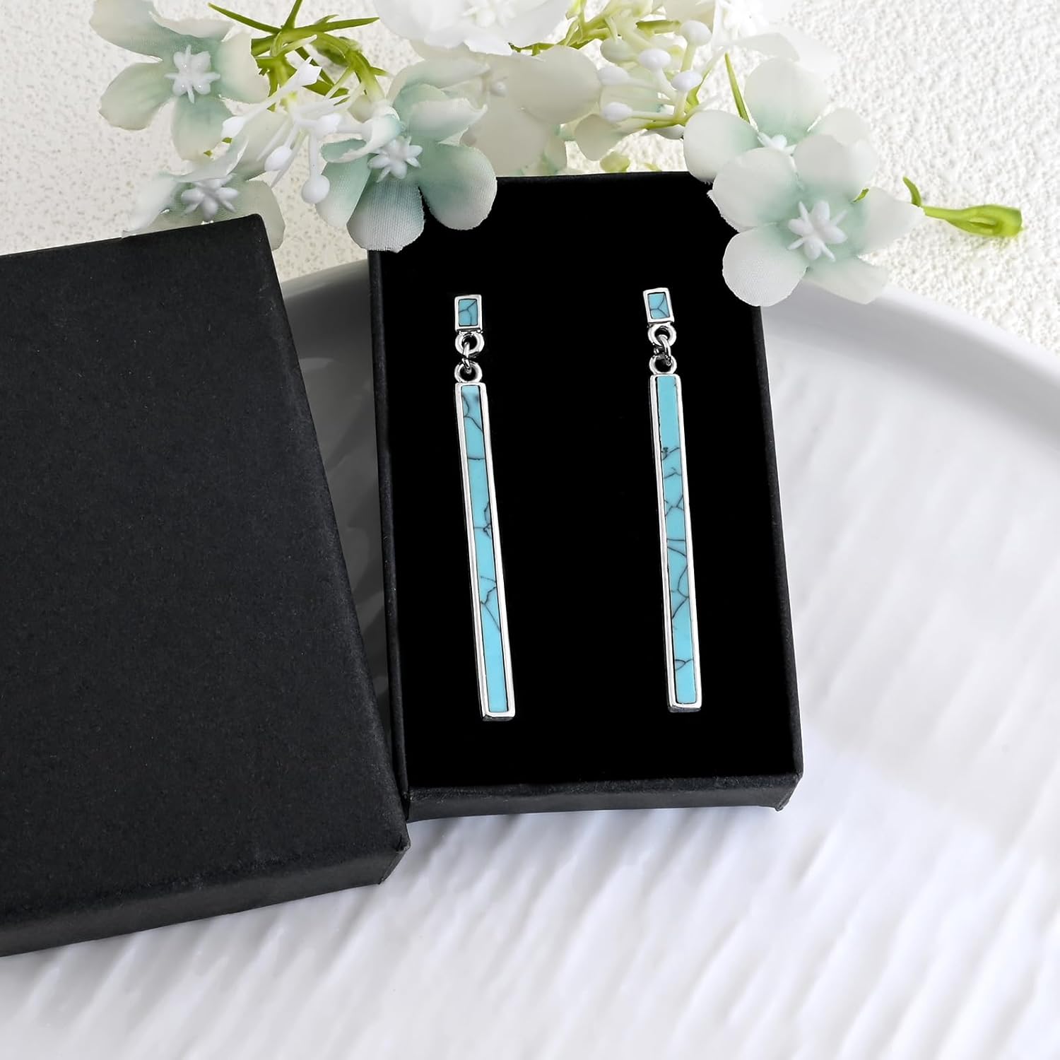 Silver Turquoise Dangle Earrings for Women Long Bar Turquoise Stud Earrings Boho Style Gemstone Jewelry - Image 7