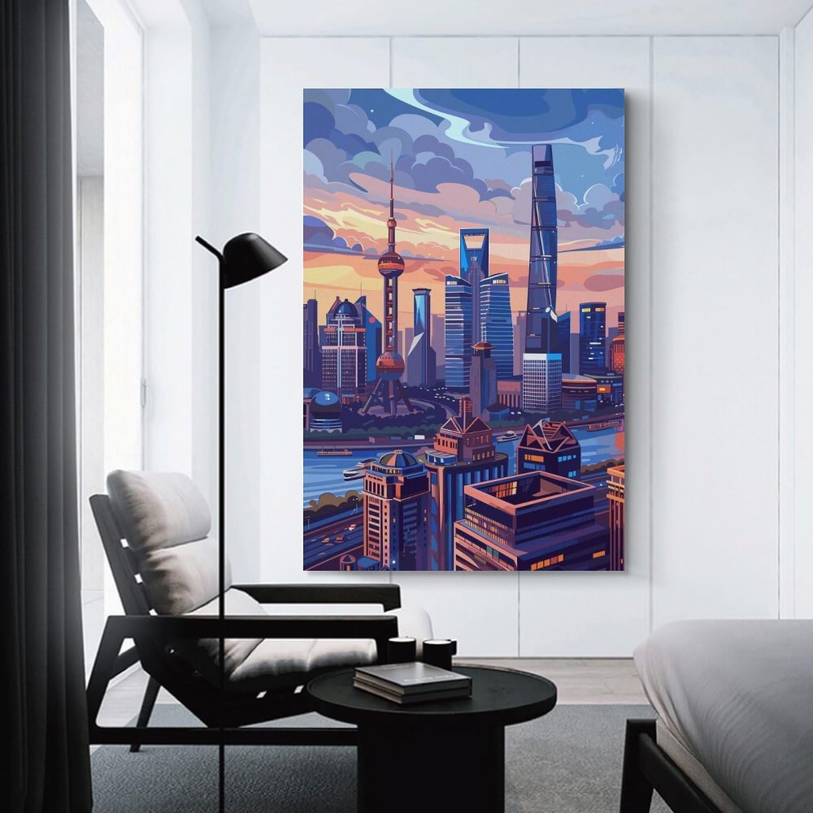 Junmoney Shanghai Skyline(3) Canvas Wall Picture 12x18inch(30x45cm), for Study, Office Or Focused Interiors, Home Office Artwork with Decorative Appeal