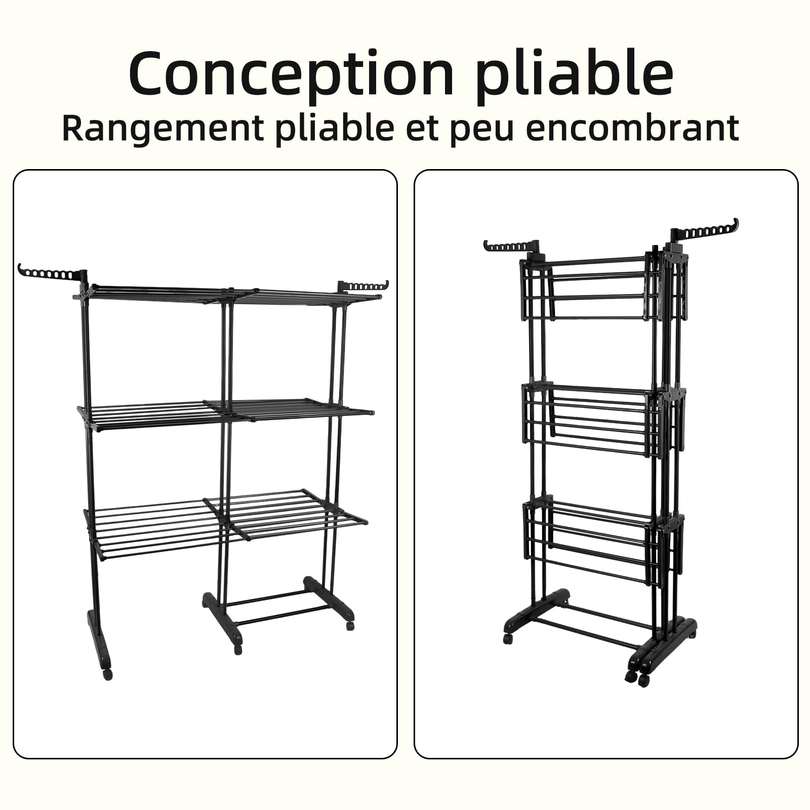 OHMG Wäscheständer, Turm, platzsparend, mit 12 Flügeln, auf 3 Ebenen, ausziehbar, Länge 75 – 132 cm, klappbarer Waschtisch für Innen und Familien, mit 6 Rollen