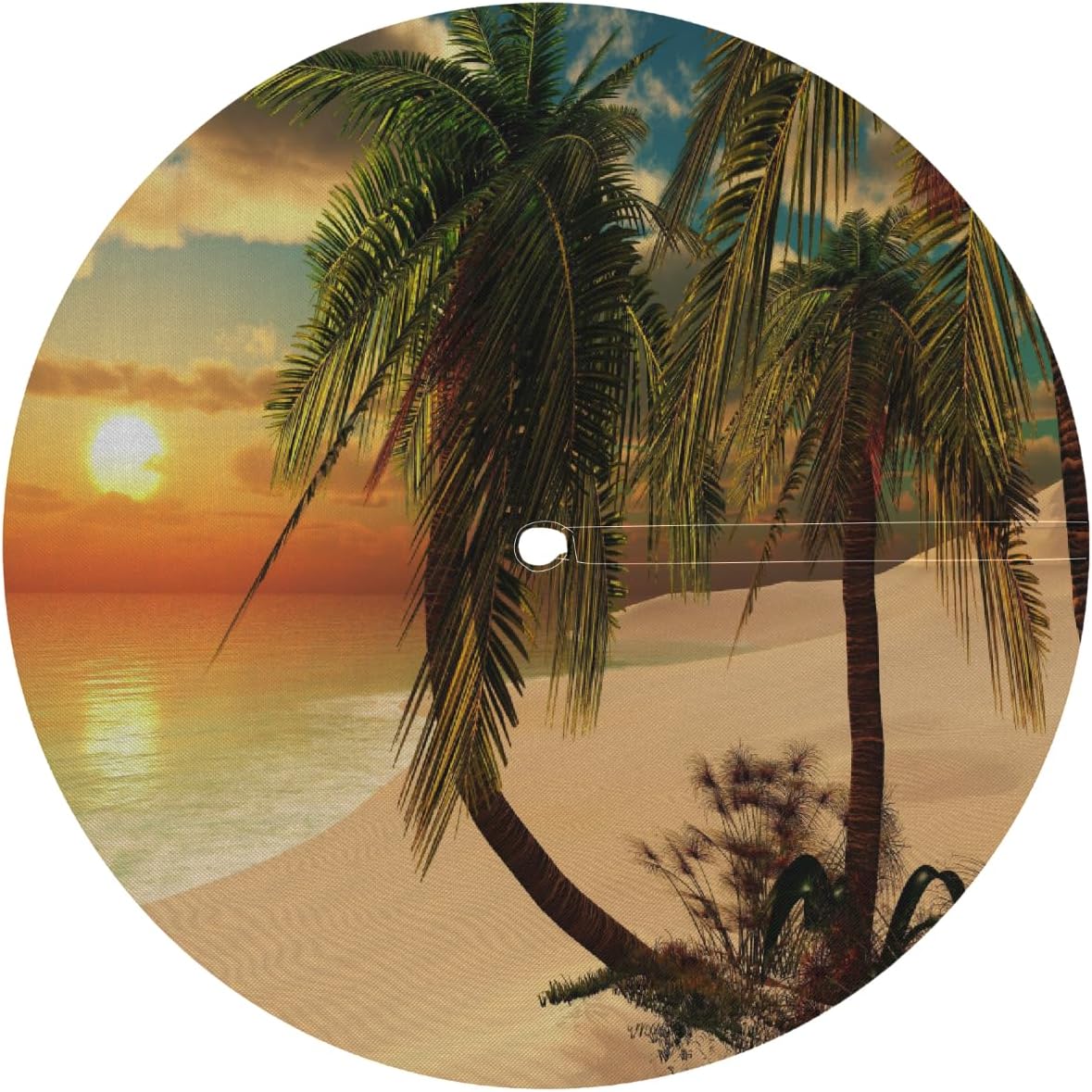 Palm Tree Ocean Beach Round Outdoor Table Cloth with Umbrella Hole Palm Tree Sunset Outdoor Round Fitted Tablecloth with Elastic Edge Waterproof Circle Table Cover for Patio Garden Picnic (45-56 in)