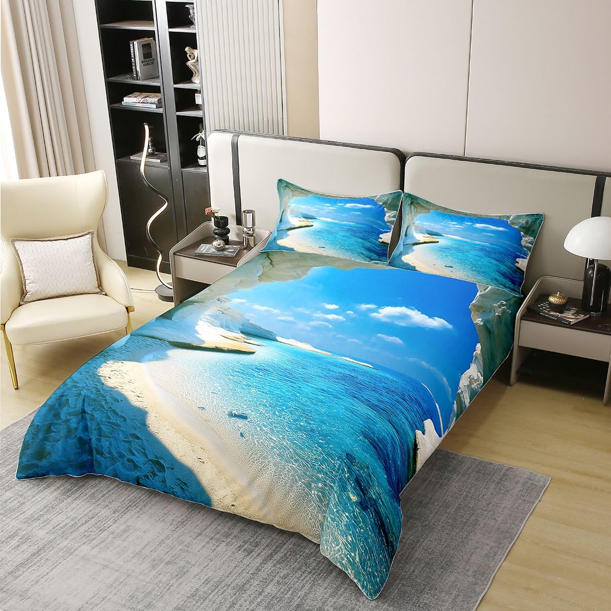 Homewish Set di biancheria da letto king size con paesaggio costiero in cotone con paesaggio oceanico accogliente per il tempo libero spiaggia trapunta vacanza spiaggia set letto