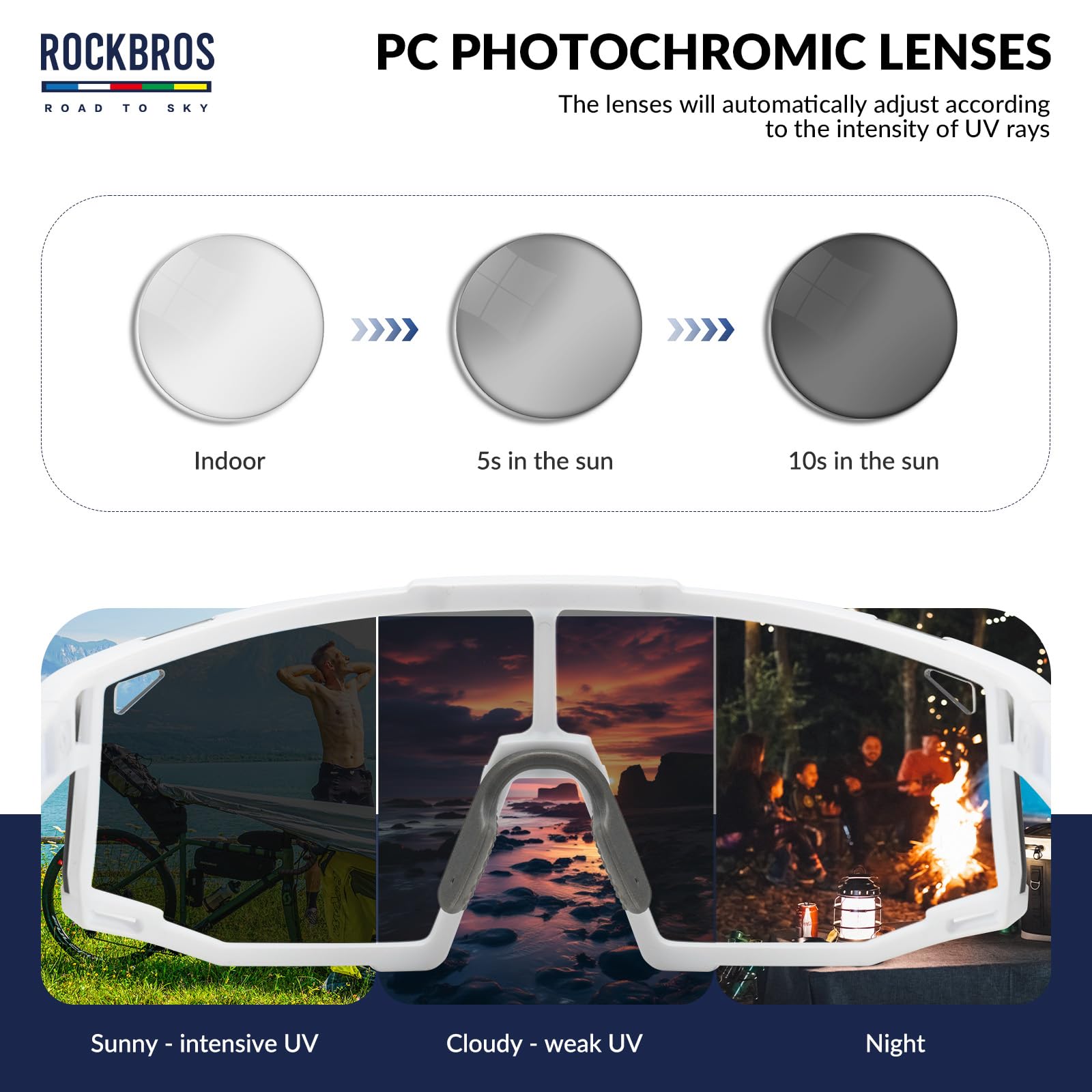 ROCKBROS Road-to-Sky Okulary Rowerowe Fotochromowe Okulary Przeciwsłoneczne Okulary Kolarskie Samoprzyciemniające się UV400 Okulary Sportowe MTB Ramka Myopia TR90 Unisex Baseball Bieganie Golf Biały
