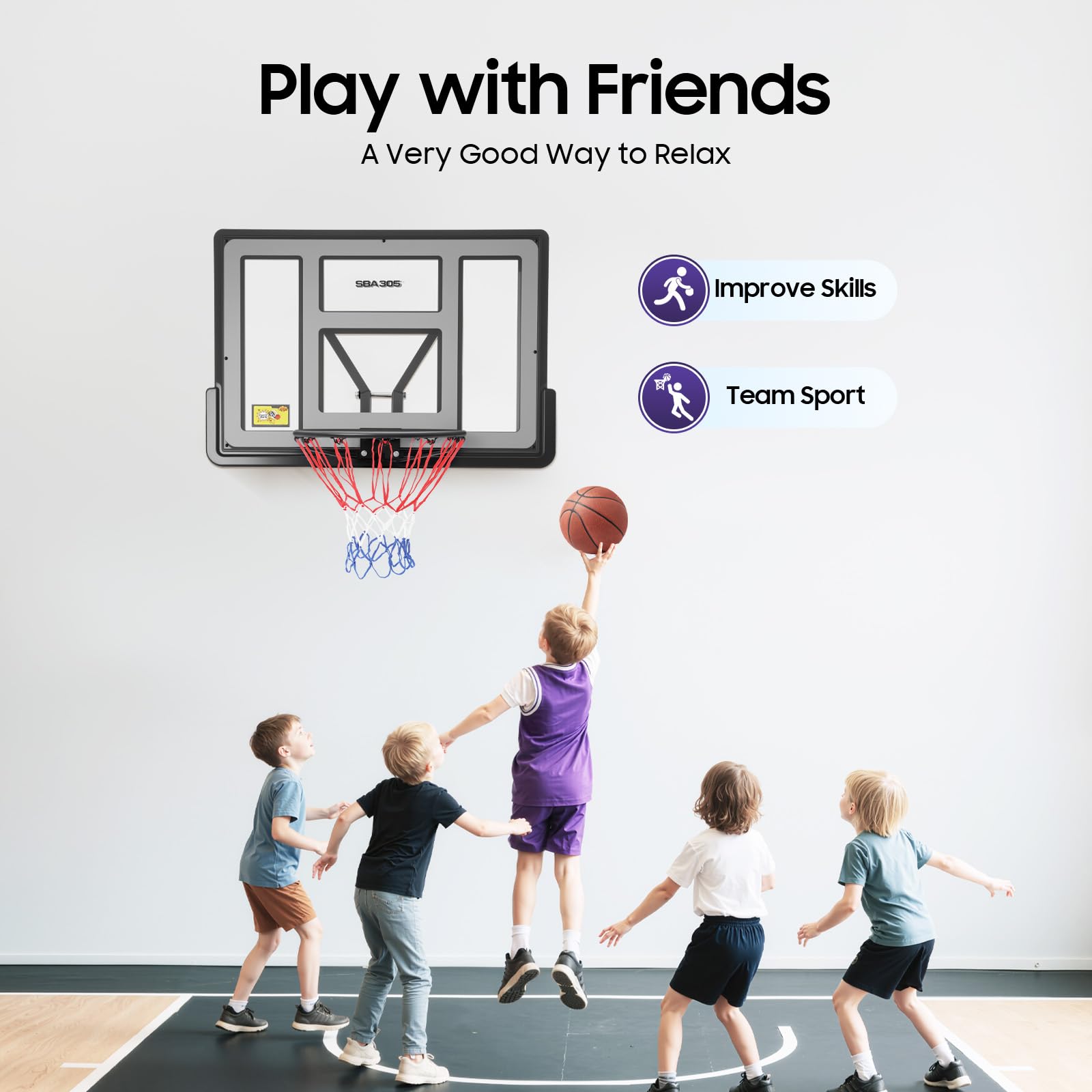 Kit de repuesto de tablero de baloncesto montado en la pared, 44 x 30 pulgadas, combo de tablero y borde de PET, tablero y borde de 25 cm de altura desde la pared, fácil de instalar