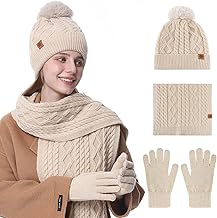 Oneshlee Bonnet d'hiver - Gants tactiles et écharpe longue - Pour femme - Avec balle en peluche - Chaud - Gants tricotés - Écharpe - 3 en 1 - Cadeau pour femme