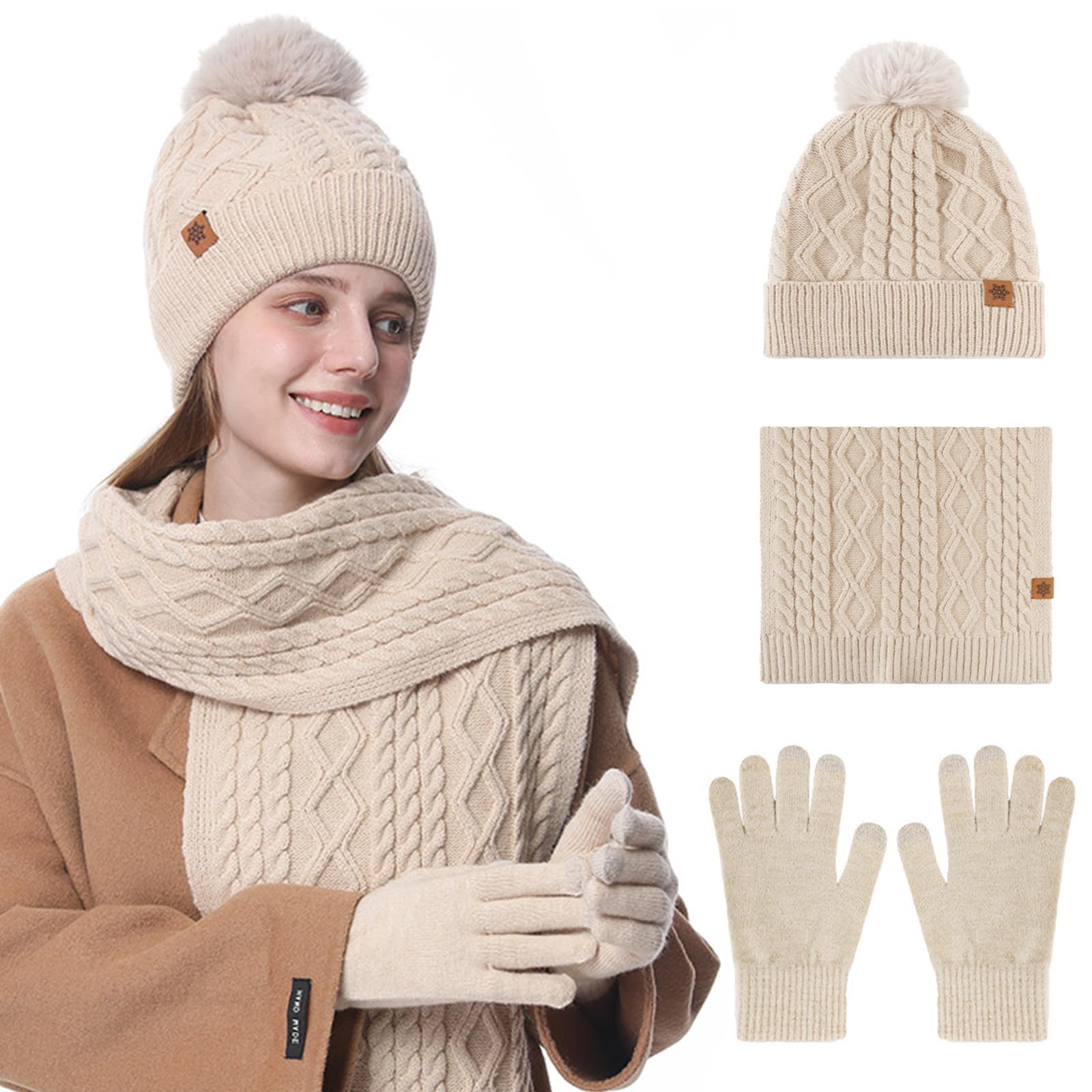 Oneshlee Bonnet d'hiver - Gants tactiles et écharpe longue - Pour femme - Avec balle en peluche - Chaud - Gants tricotés - Écharpe - 3 en 1 - Cadeau pour femme