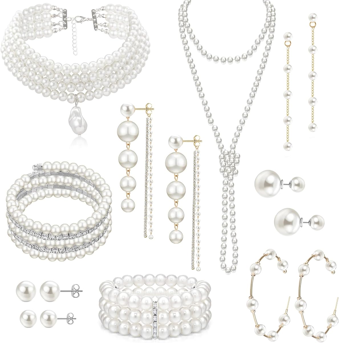 16 Pcs Artificial Pearl Necklace Earrings Set for Women Simulated Pearl Bracelet Choker Faux Pearl Necklace Dangle Earrings Jewelry Set