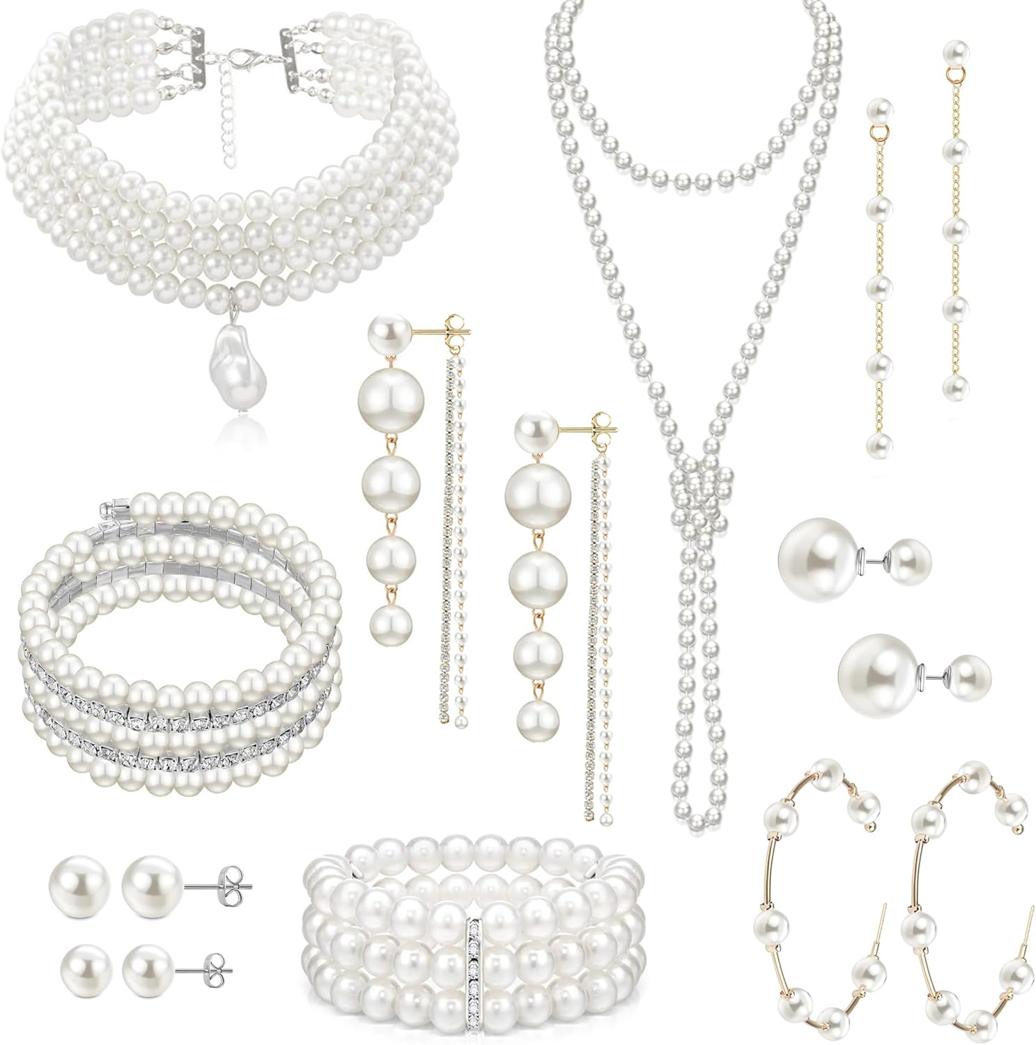 EIELO Juego de 16 piezas de collar de perlas, aretes de perlas, pulsera