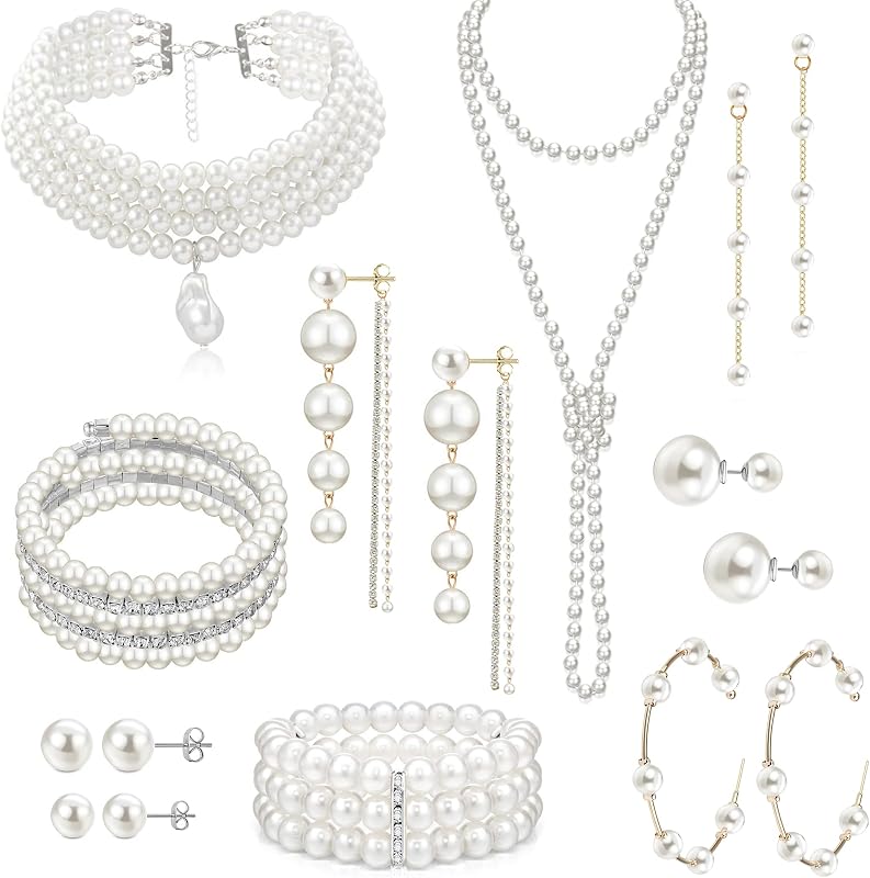 16 Pcs Artificial Pearl Necklace Earrings Set for Women Simulated Pearl Bracelet Choker Faux Pearl Necklace Dangle Earrings Jewelry Set