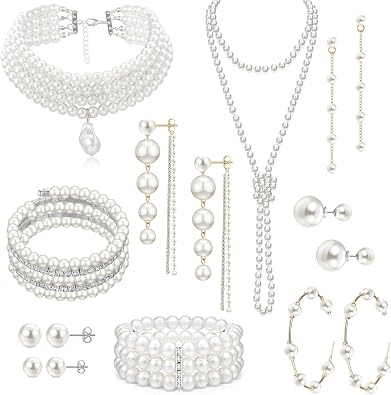 EIELO 16 Pcs Artificial Pearl Necklace Earrings Set for Women Simulated Pearl Bracelet Choker Faux Pearl Necklace Dangle Earrings Jewelry Set