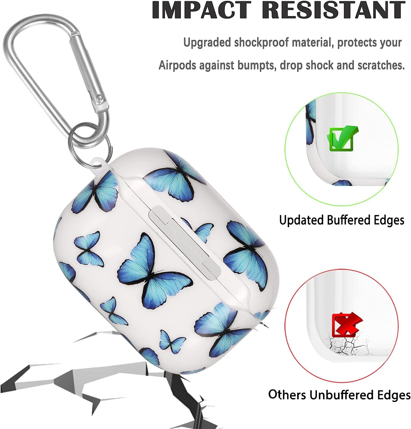 Case for Airpods 3rd Generation, Olytop Cute Airpods 3rd Gen Protective Case Cover Printed Hard Skin Women Girl with Keychain Apple iPods 3rd Generation Case 2021- Blue Butterfly