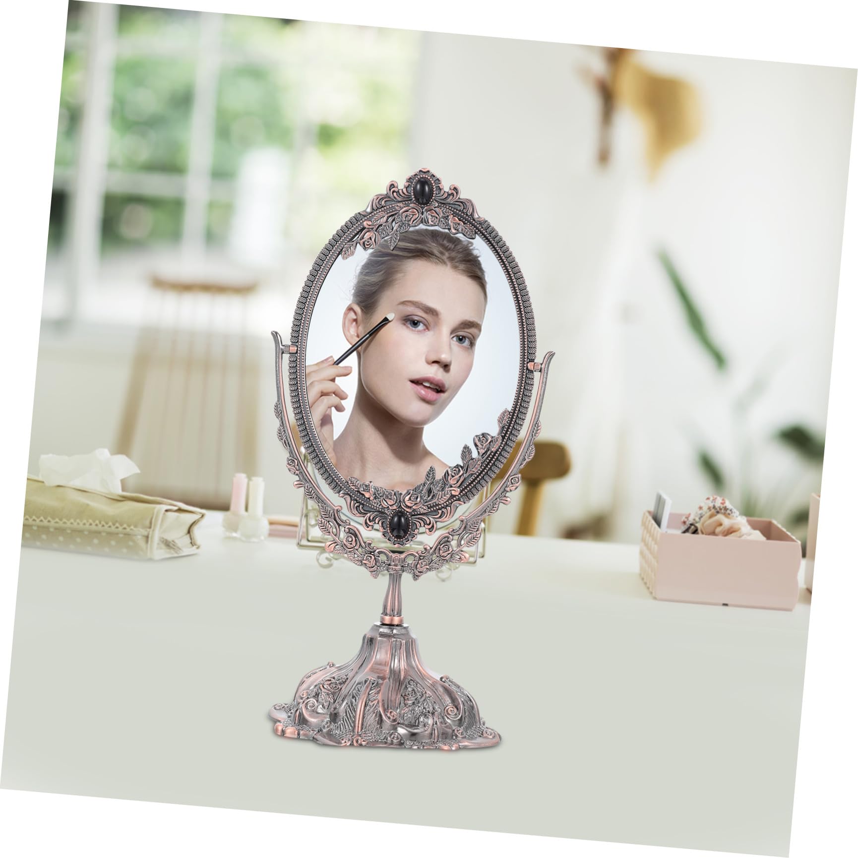 SHERCHPRY Vintage Kosmetikspiegel aus Zinklegierung, Doppelseitig, Drehbar | Stabiler Standfuß, Flacher Sockel, Europäischer Stil, für Make Up und Hochzeit