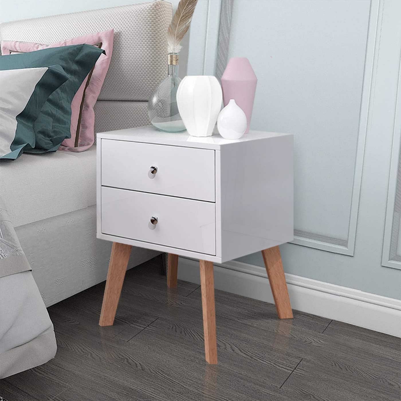 TaoHFE Nightstand White Night Stand, Side End Wood Bedside Tables with Drawer for Bedroom Livingroom, Rubber Wood Legs