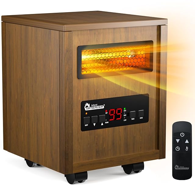 DR INFRARED HEATER DR-123 Indoor Portable Space Heater with Remote Control 1500W Dual Heating 4 Wheels for Mobility