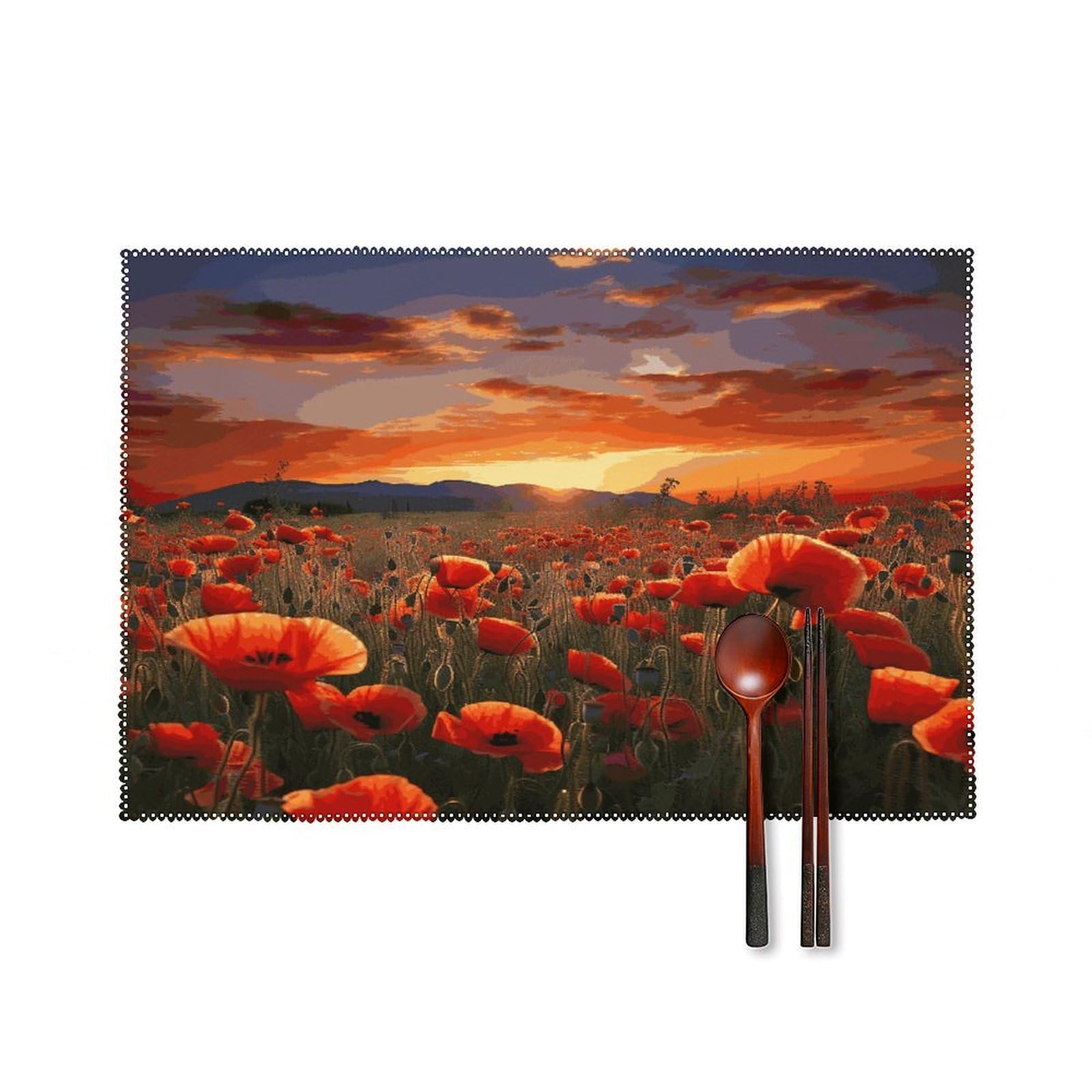 Red Poppy Flower Field in Sunset Placemats Set of 4 Canvas Place Mats Non-Slip Heat Resistant Table Mats Washable Waterproof Placemat Wipeable Tablemats for Kitchen Dining Decor Place Mat