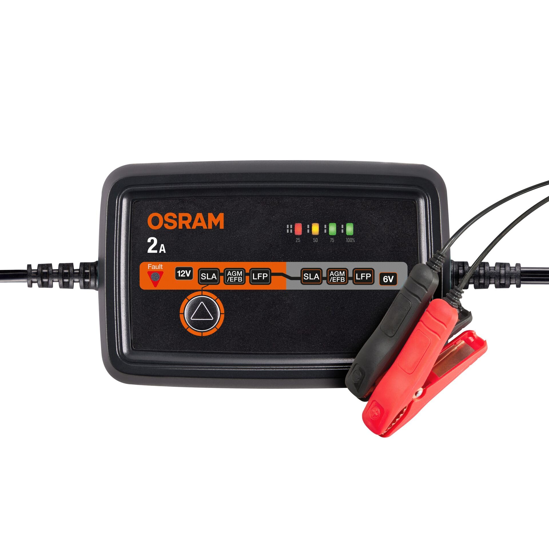 OSRAM BATTERYcharge 1002, 6 V/12 V, inteligentna ładowarka 2 A, do motocykli i mniejszych pojazdów, do akumulatorów AGM, EFB, kwasowo-ołowiowych i litowych, z trybem podtrzymującym