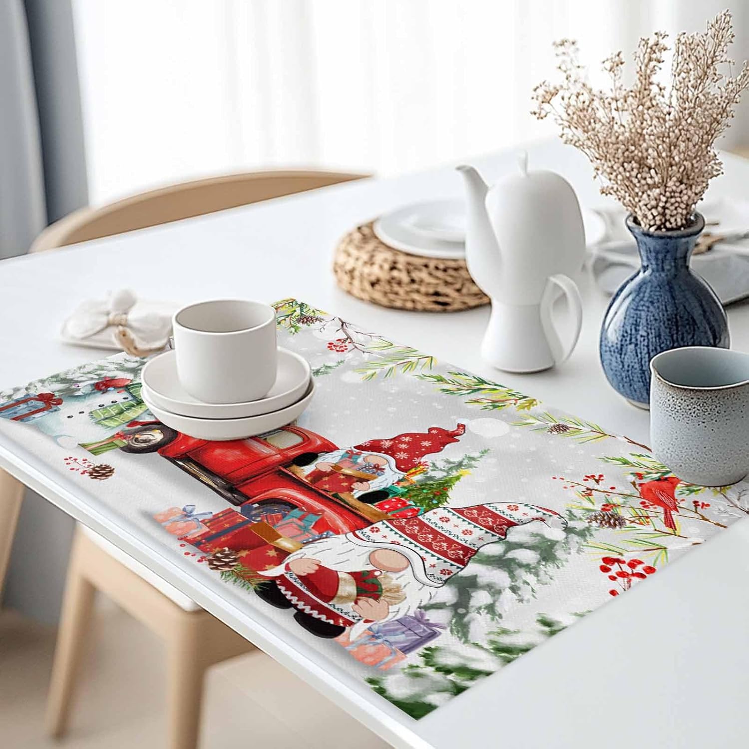 Christmas Truck Dwarf Christmas Placemats Set of 6, Washable Cotton Linen Table Mats for Kitchen Dining Table, Heat Insulation Place Mats for Indoor Outdoor Parties, Holiday Decorations