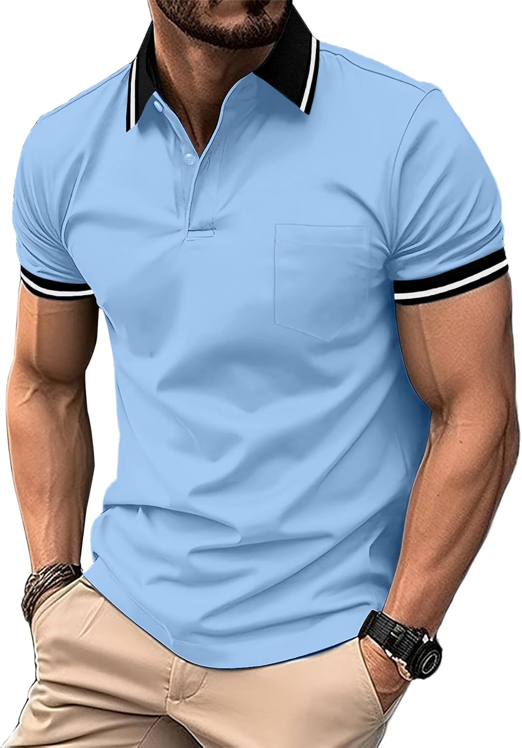 ZITY Mens Polo Shirts Casual Short Sleeve Athletic T-Shirts Classic Contrast Collar Shirt with Pocket